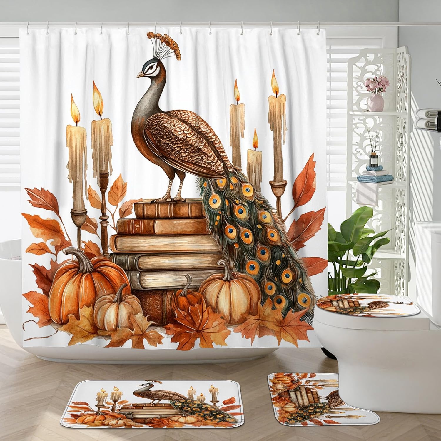 DESIHOM 4PCS Fall Peacock Shower Curtain Set with Hooks Non-Slip Rug and Toilet Lid Cover Mat