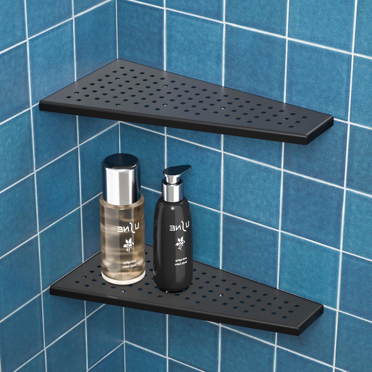 Corner Shower Shelf 2PCS Trapezoid Design 304 Stainless Steel No Drilling Needed Black