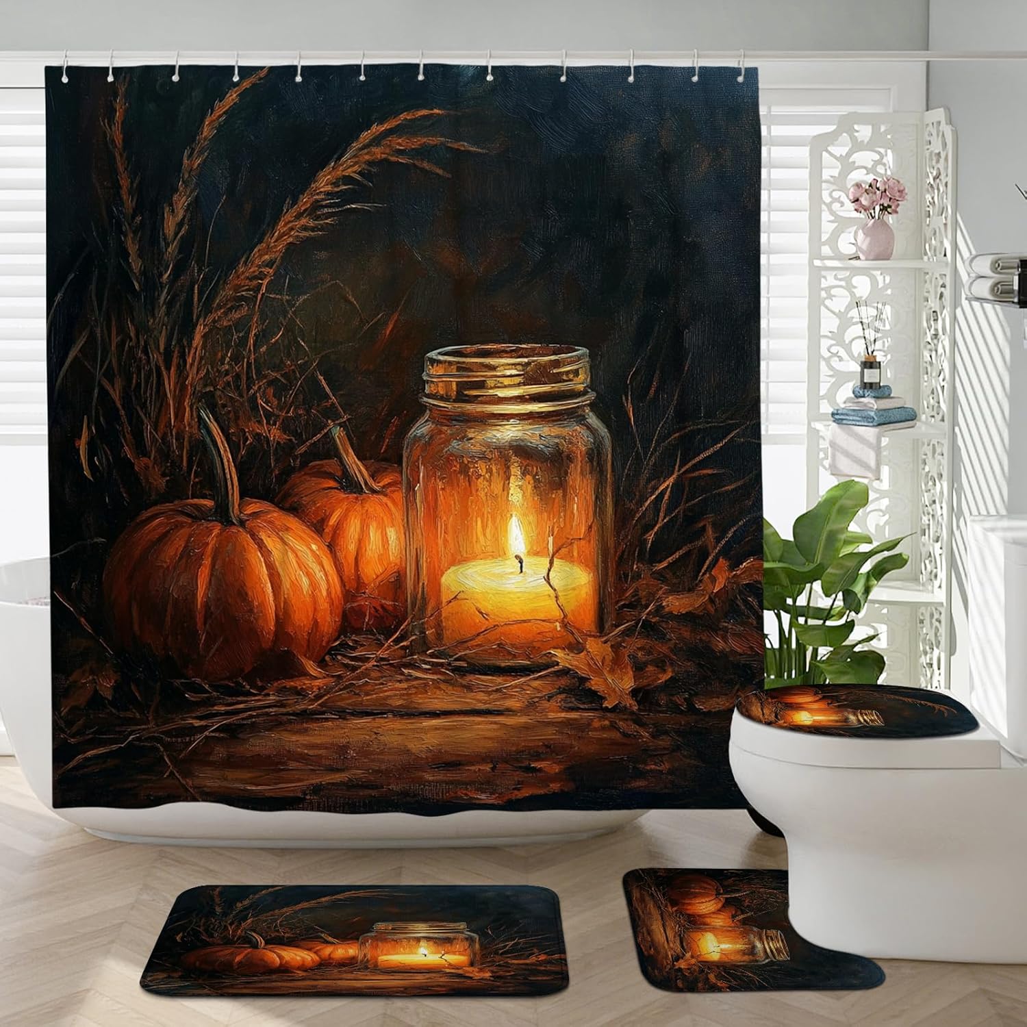 DESIHOM 4PCS Fall Candle Shower Curtain Set with Non-Slip Rug and Toilet Lid Cover Mat
