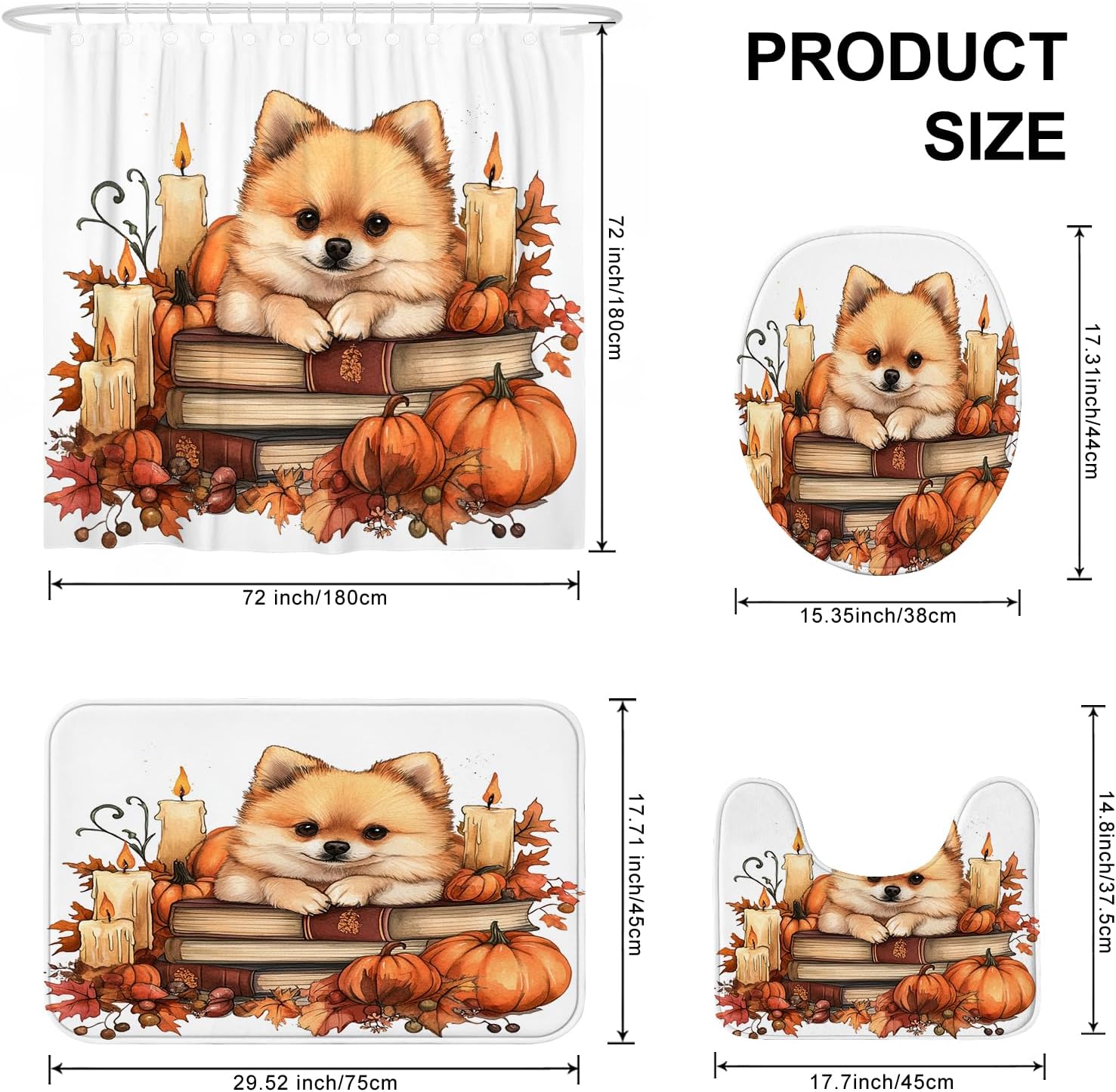 DESIHOM 4PCS Fall Shower Curtain Set with Hooks Non-Slip Rug and Toilet Lid Cover Mat