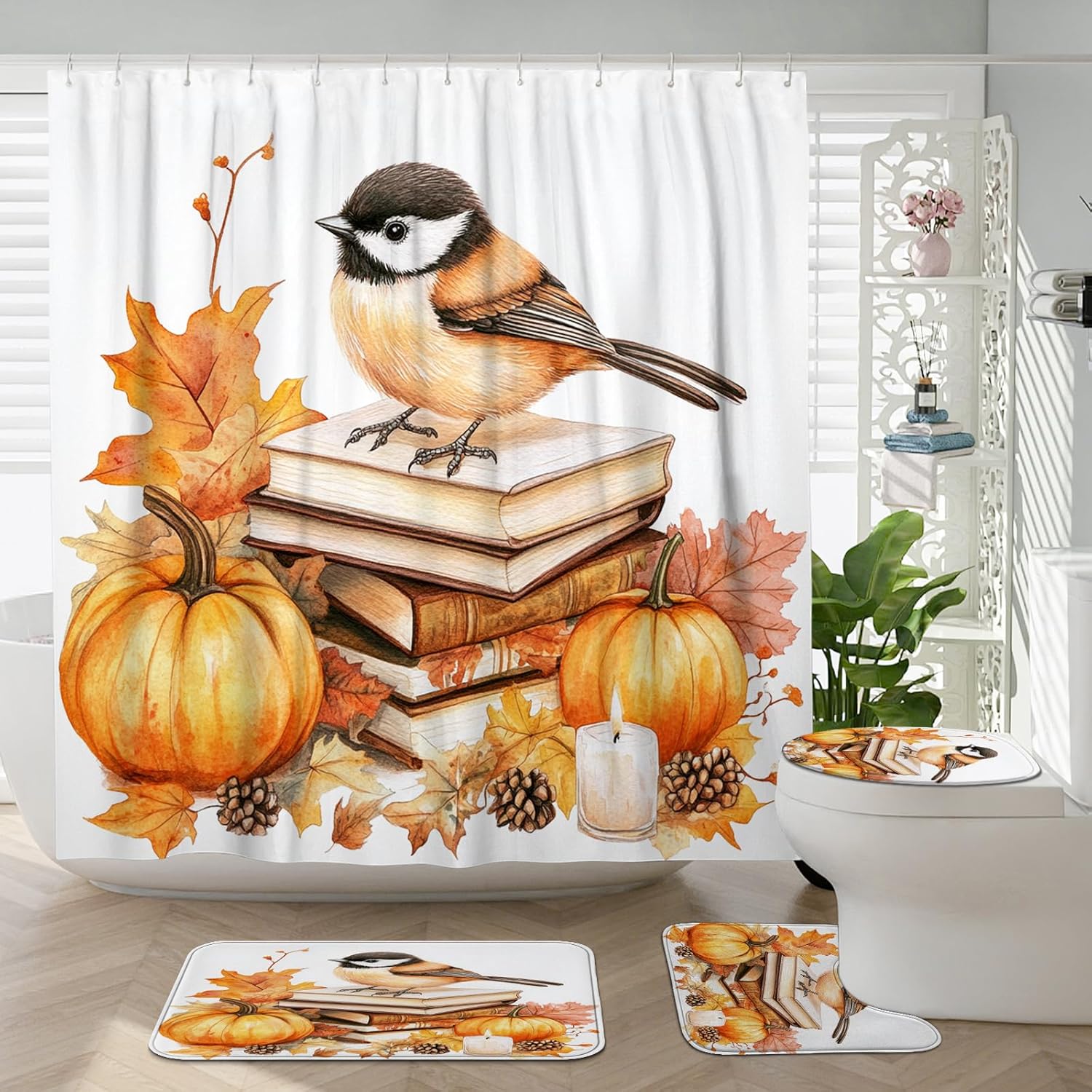 DESIHOM 4PCS Fall Chickadees Bird Shower Curtain Set with Non-Slip Rug and Hooks