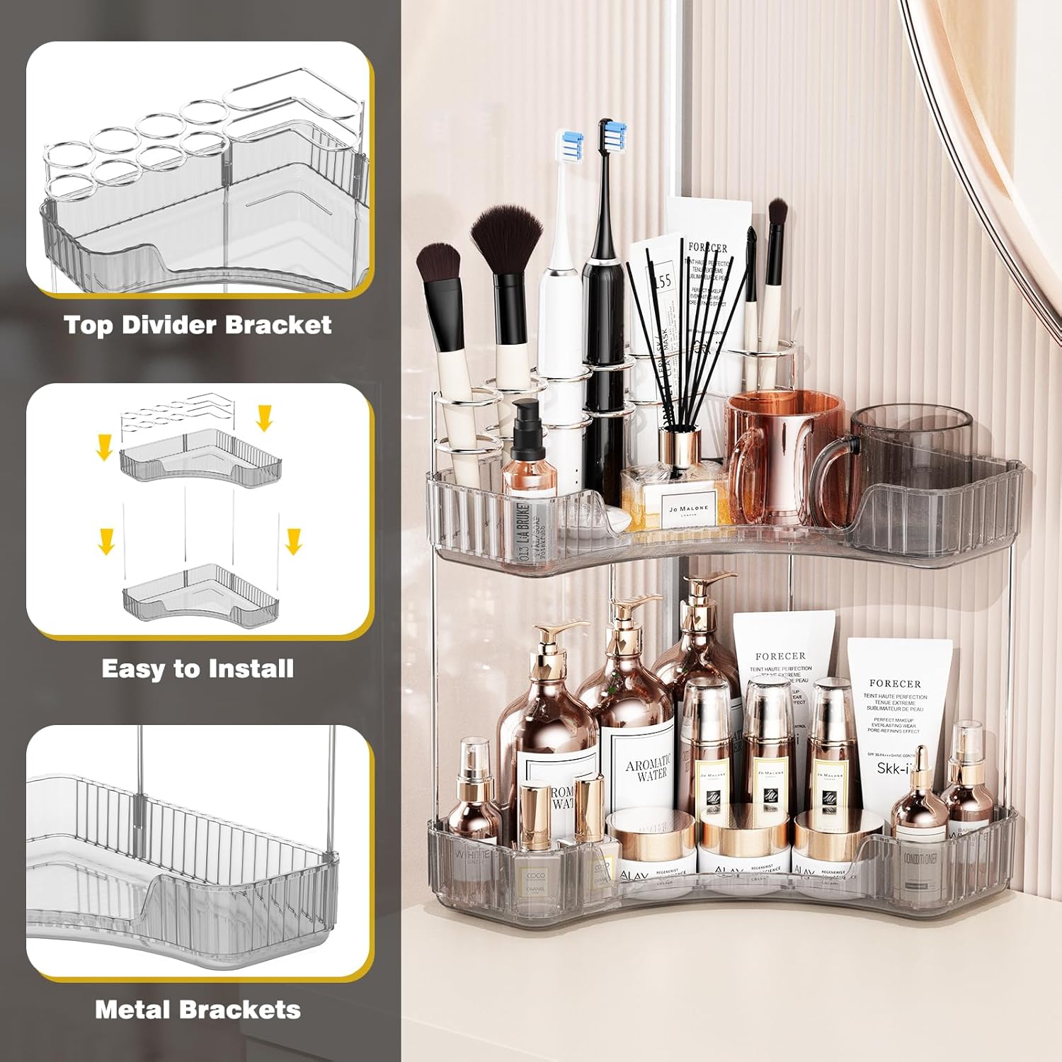 2-Tier Corner Bathroom Organizer with Toothbrush Holder and Makeup Stand