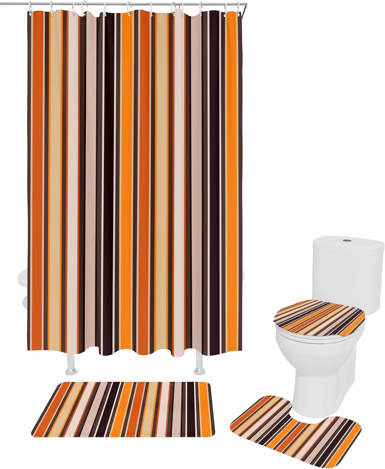 Vintage Striped 4 Piece Shower Curtain Set with Non-Slip Rugs