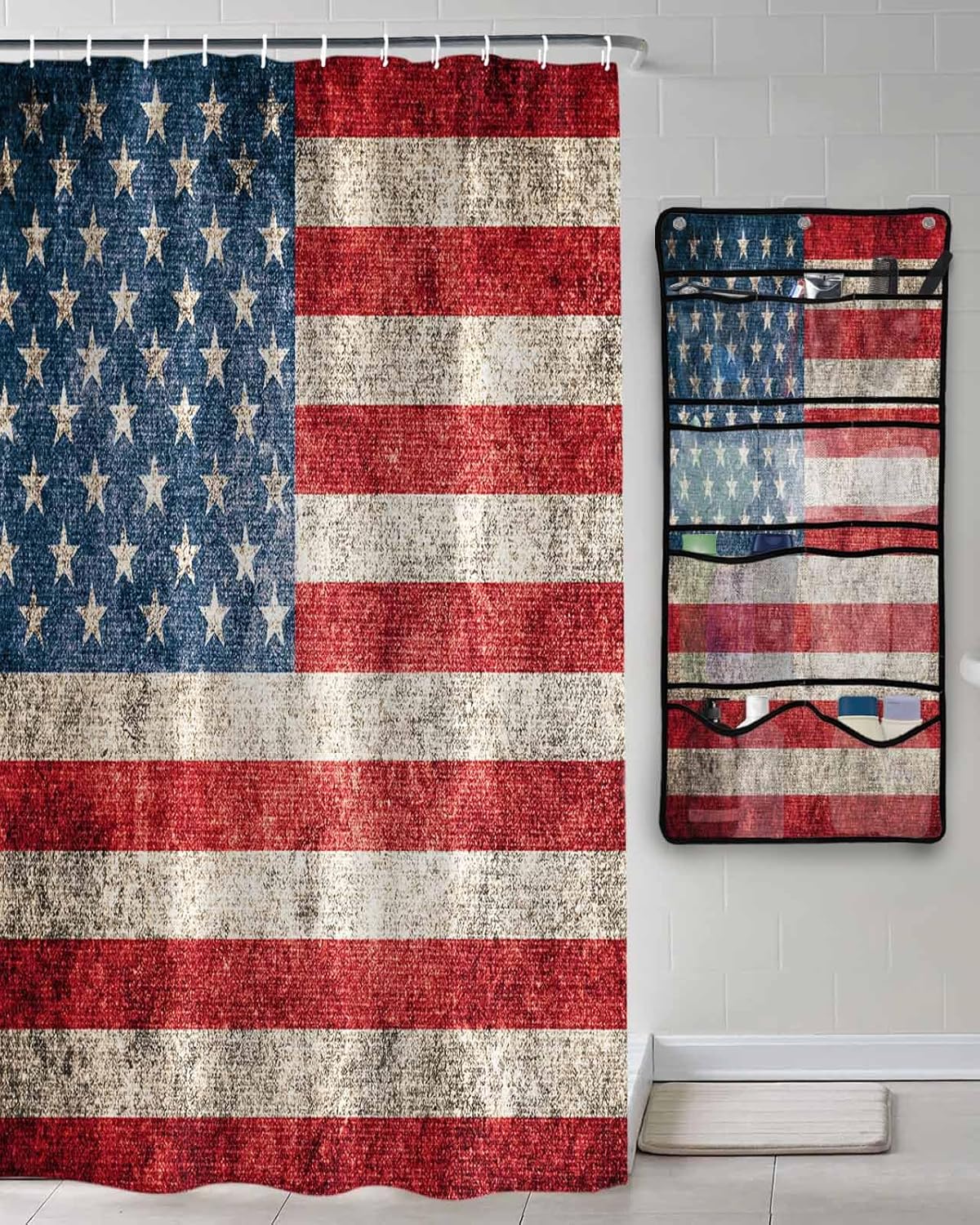 ZFUNCING Vintage Flag Shower Curtain Set with Mesh Organizer and Hooks