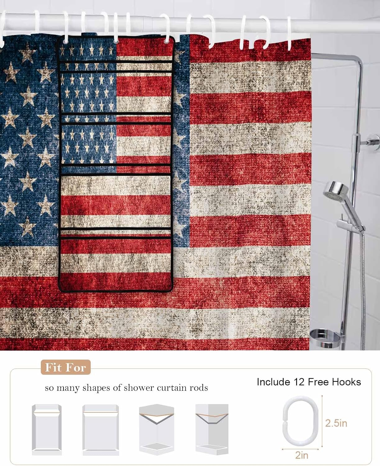 ZFUNCING Vintage Flag Shower Curtain Set with Mesh Organizer and Hooks