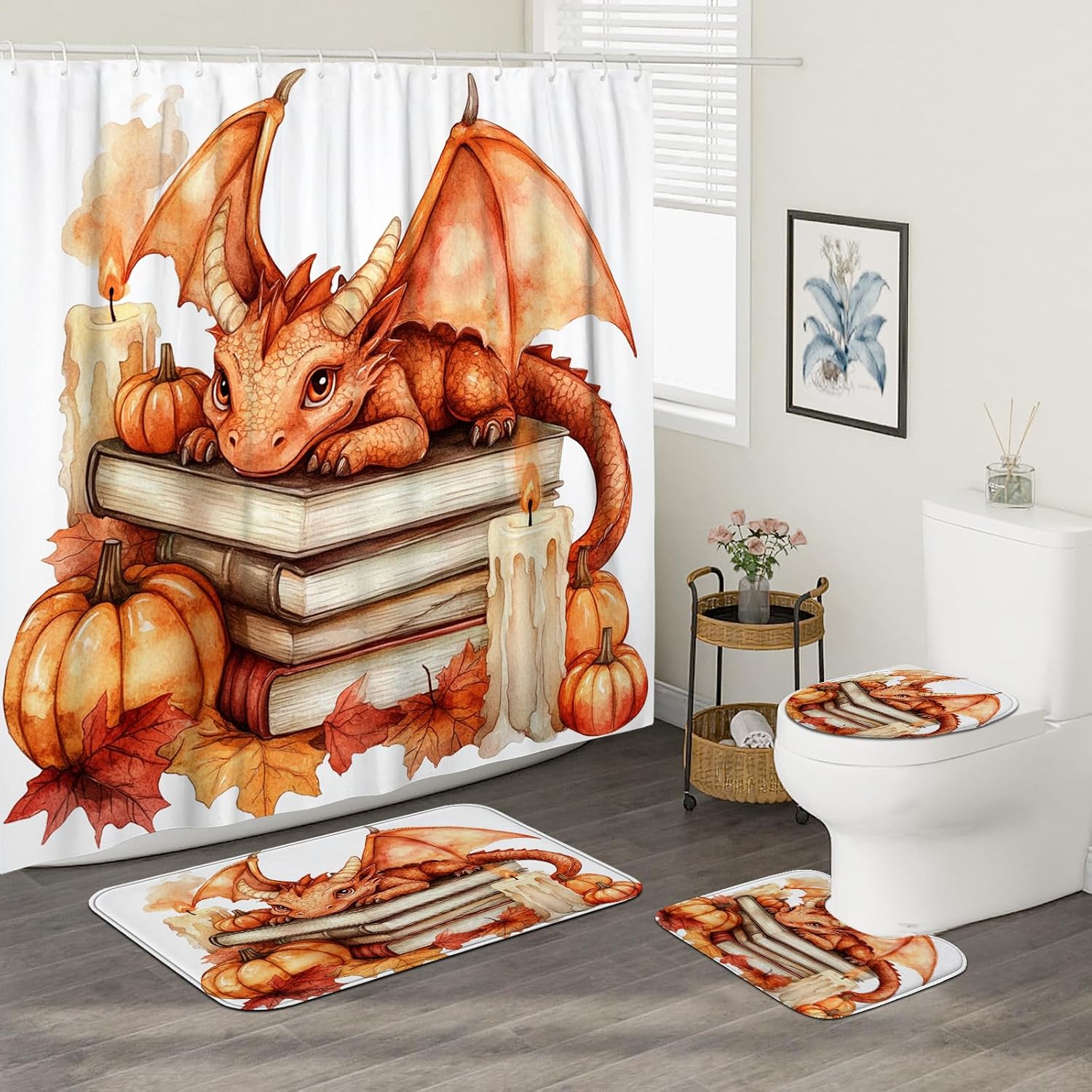 4PCS Fall Dragons Pumpkins Shower Curtain Set with Non Slip Rug and Toilet Lid Cover Mat