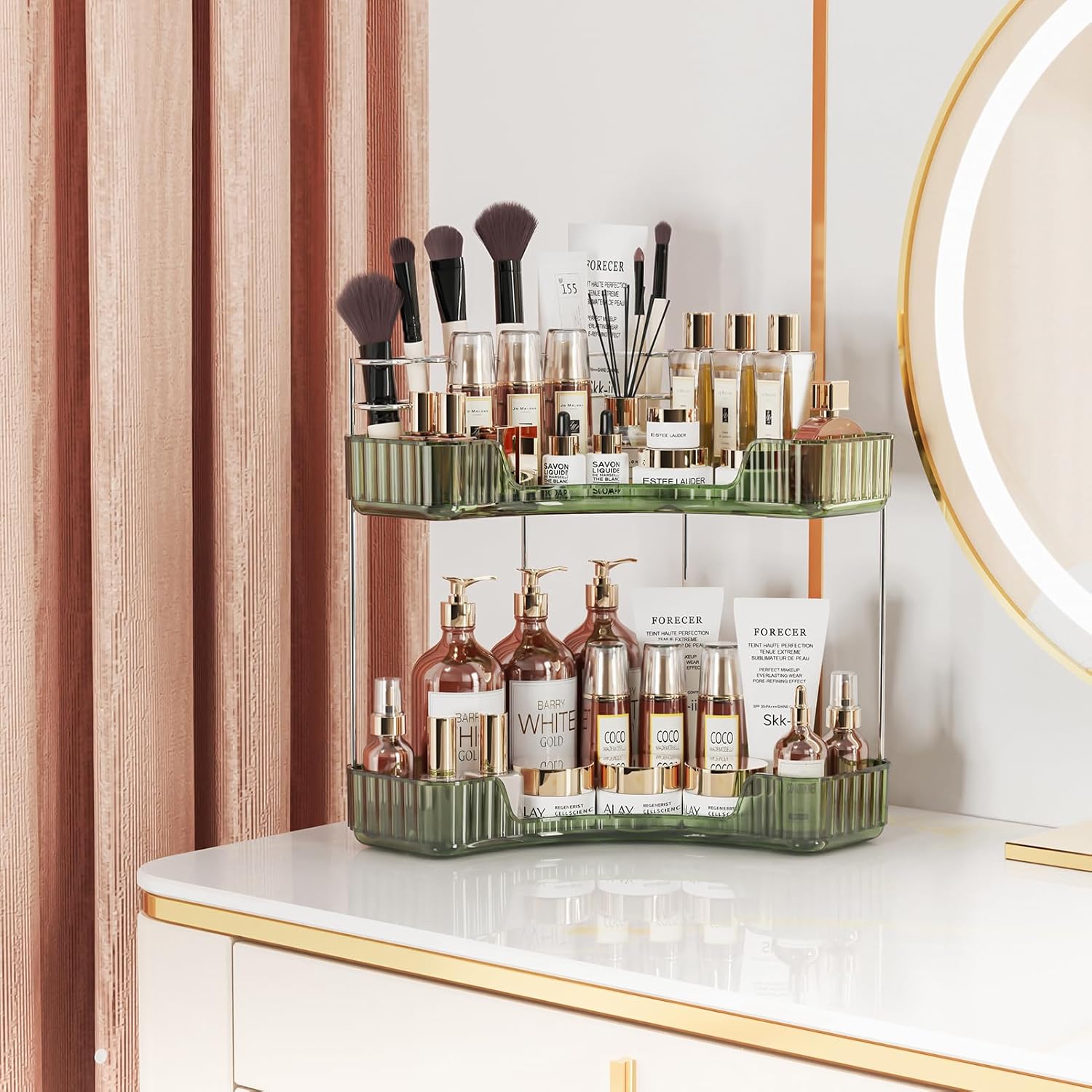 2-Tier Corner Bathroom Organizer with Brush Holder and Toothbrush Racks