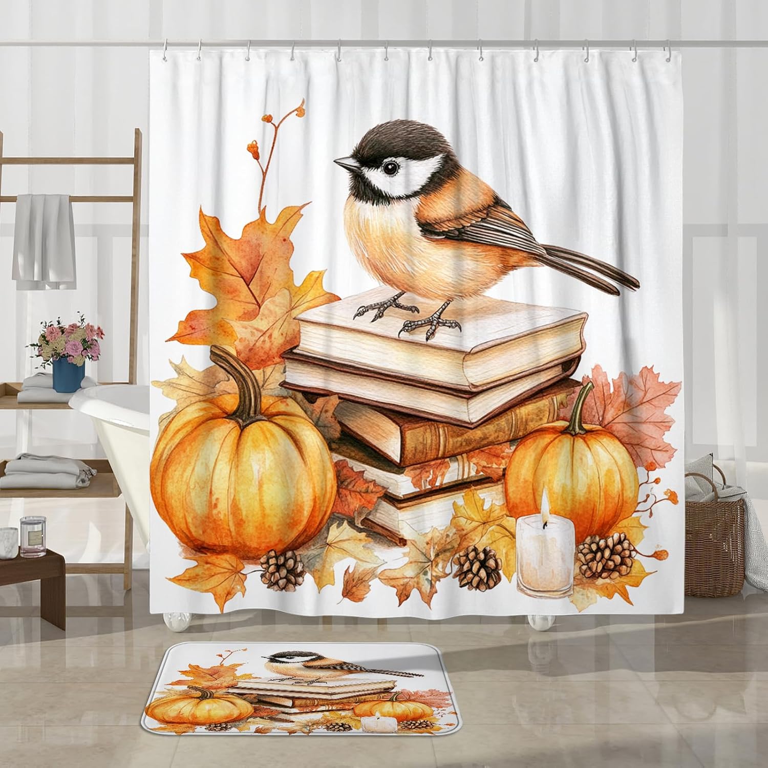 DESIHOM 4PCS Fall Chickadees Bird Shower Curtain Set with Non-Slip Rug and Hooks