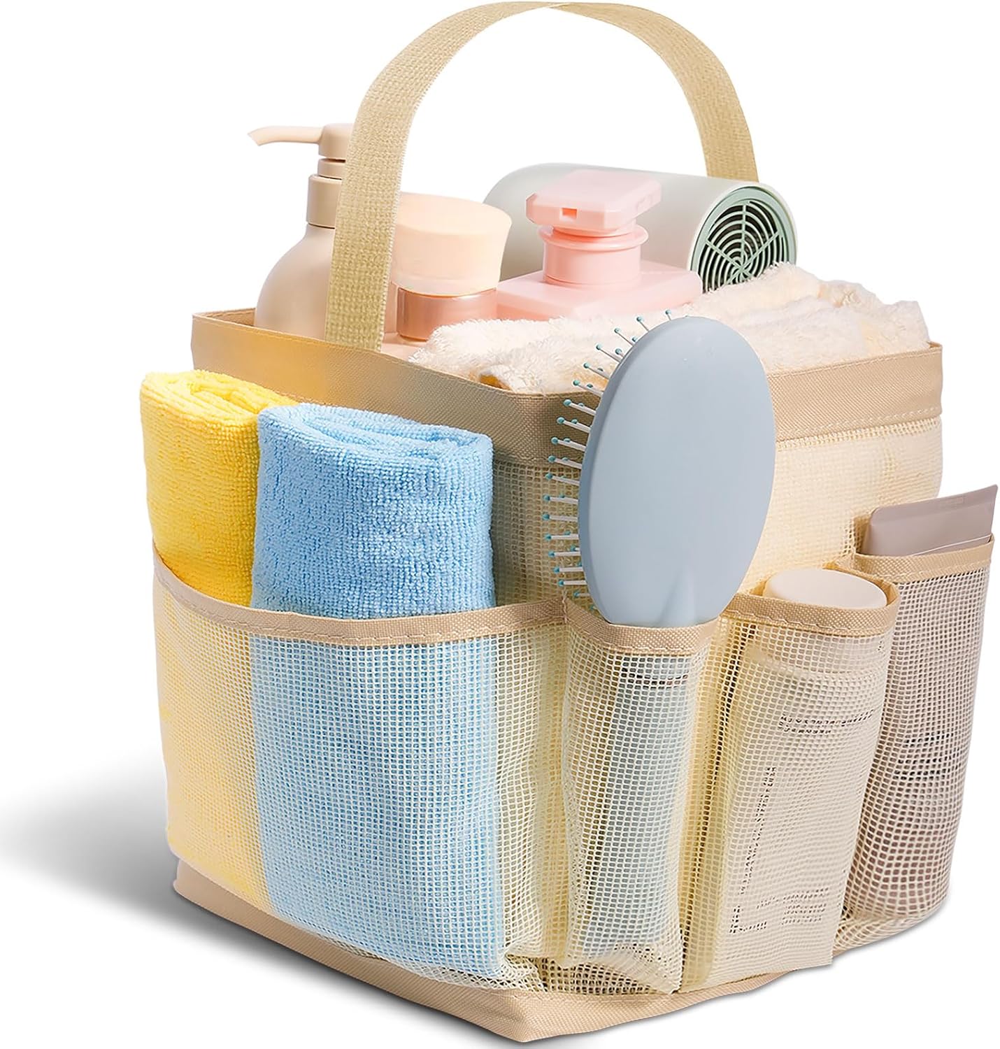 Mesh Shower Caddy with 9 Pockets for Dorm Room and Travel Essentials - Beige