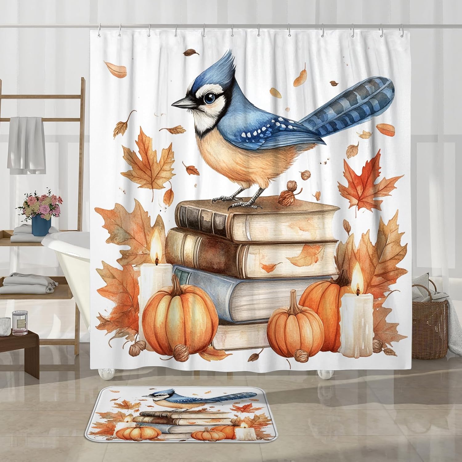DESIHOM 4PCS Fall Blue Jay Bird Shower Curtain Set with Non-Slip Rug and Hooks
