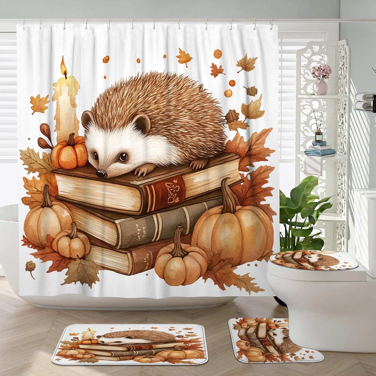 DESIHOM 4PCS Fall Hedgehog Shower Curtain Set with Hooks Bath Mat U Shape and Toilet Lid Cover Mat