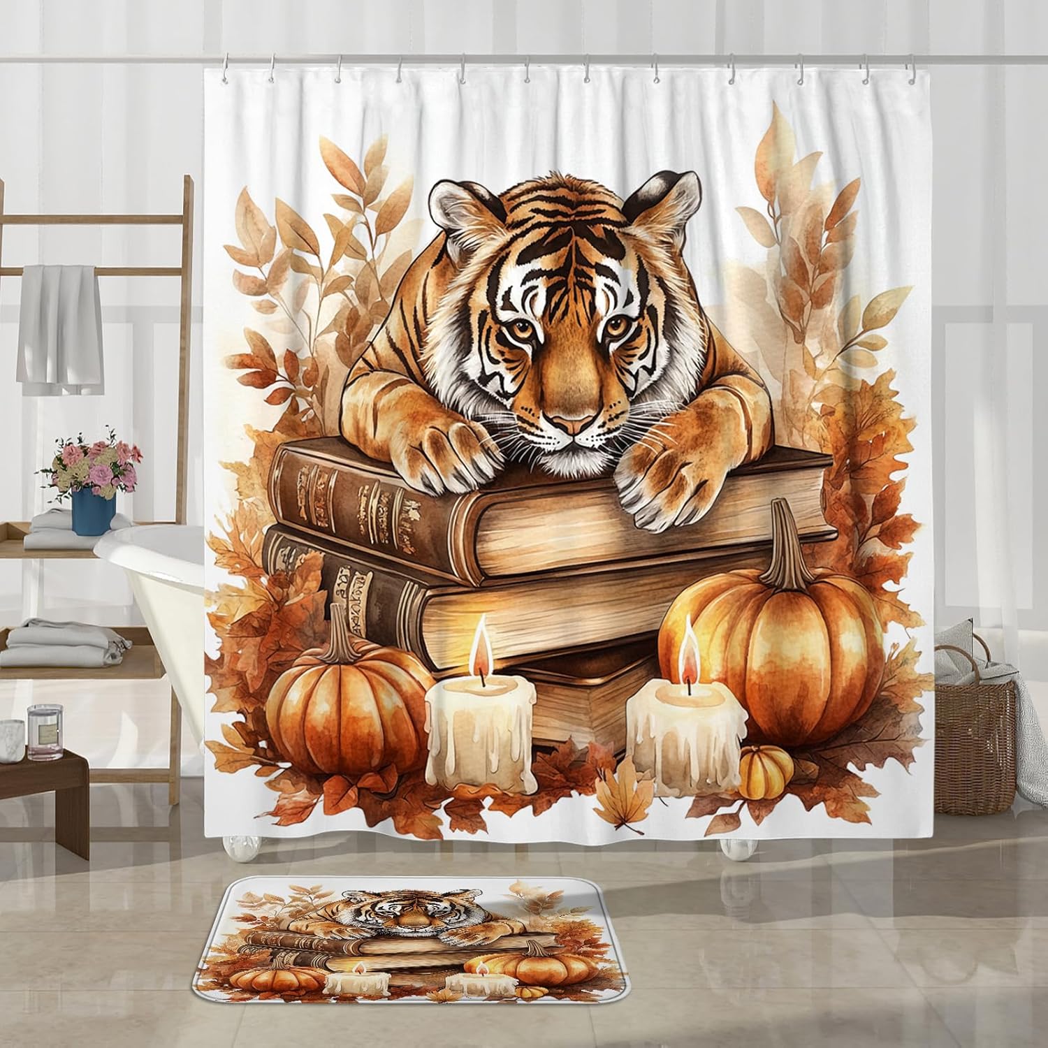 4PCS Fall Tigers Pumpkins Shower Curtain Set with Non-Slip Rug and Toilet Lid Cover Mat