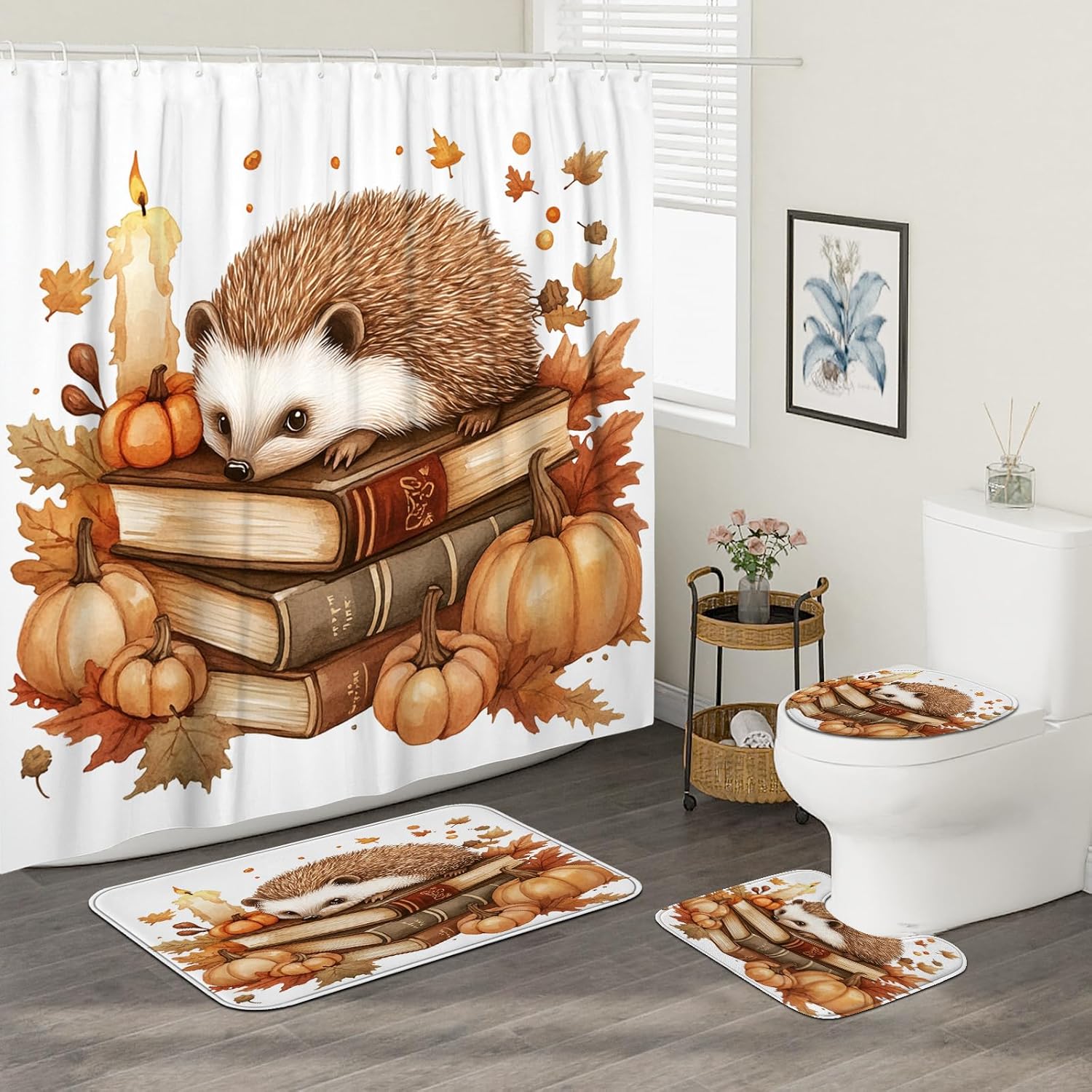 DESIHOM 4PCS Fall Hedgehog Shower Curtain Set with Hooks Bath Mat U Shape and Toilet Lid Cover Mat
