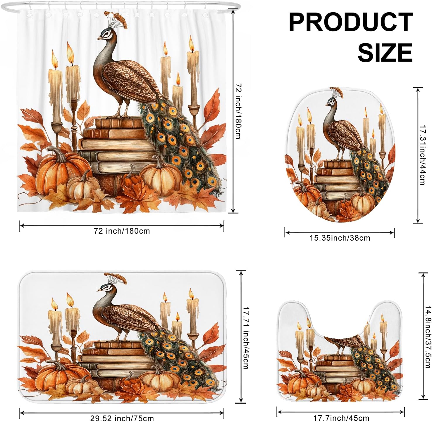 DESIHOM 4PCS Fall Peacock Shower Curtain Set with Hooks Non-Slip Rug and Toilet Lid Cover Mat