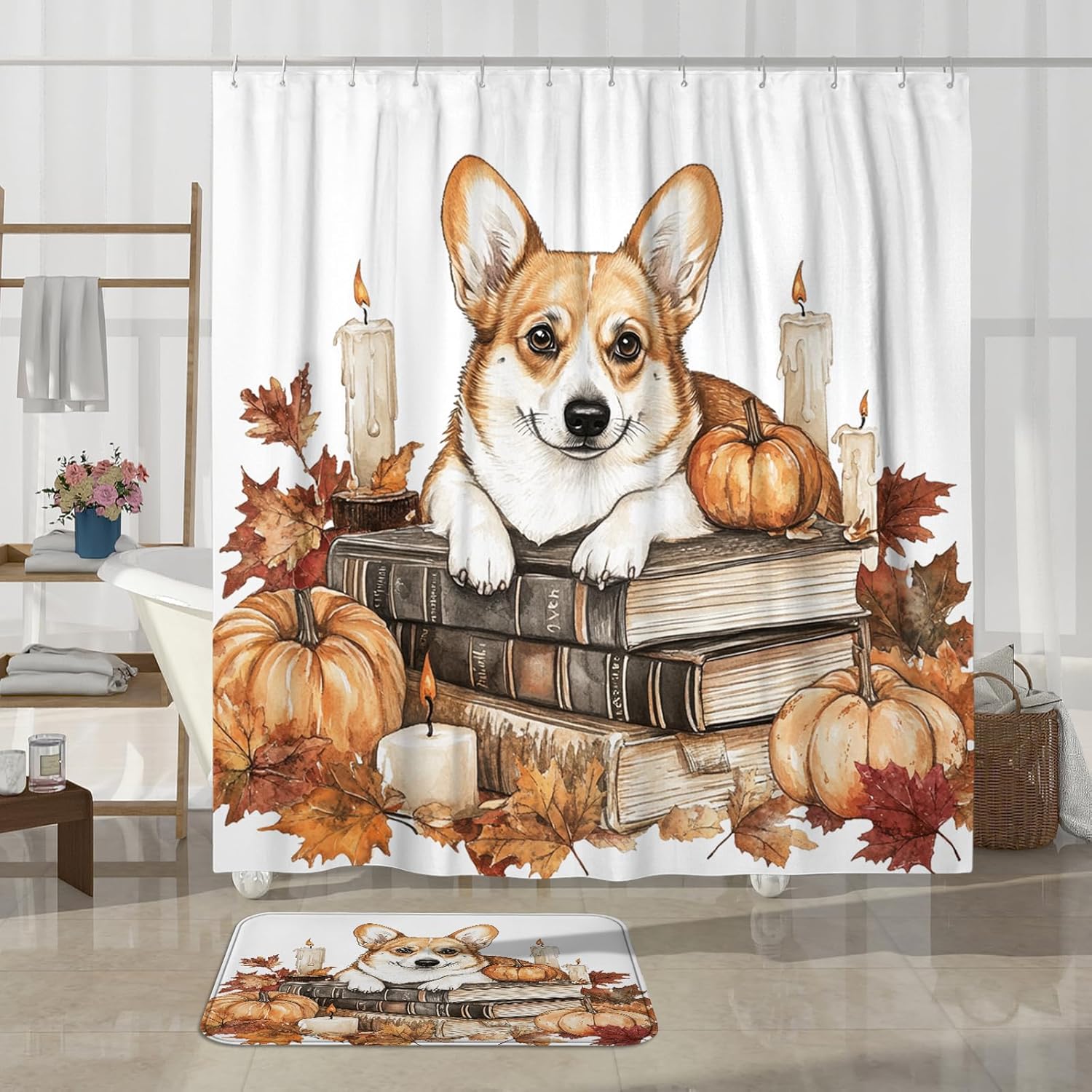 DESIHOM 4PCS Fall Corgi Dog Shower Curtain Set with Non-Slip Rug and Hooks