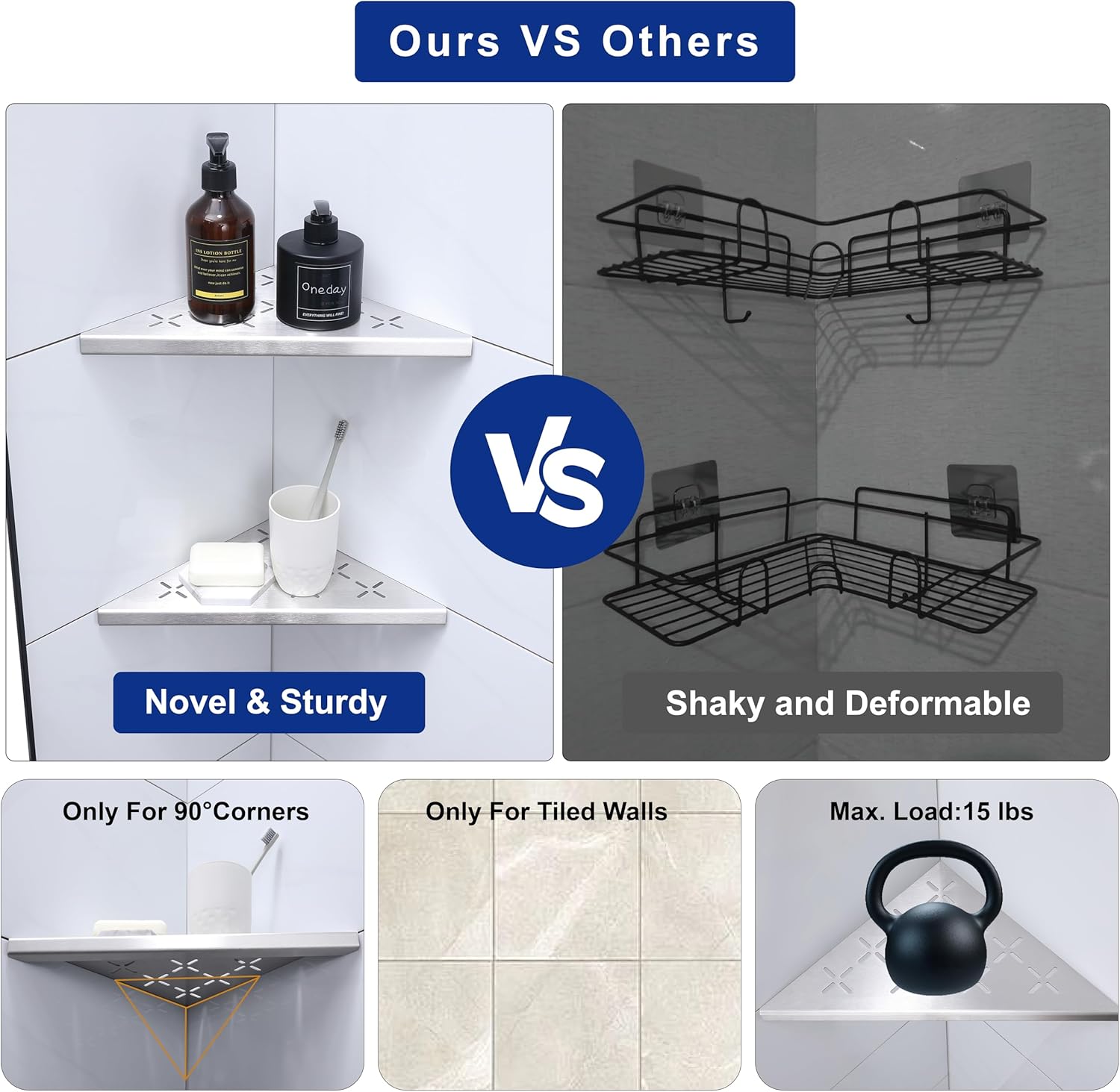 10 Inch Corner Shower Shelf 2 Pack Stainless Steel Bathroom Organizer Rack No Drilling