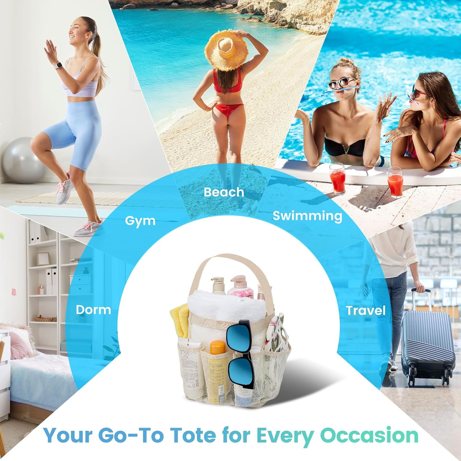 Mesh Shower Caddy with 9 Pockets for Dorm Room and Travel Essentials - Beige