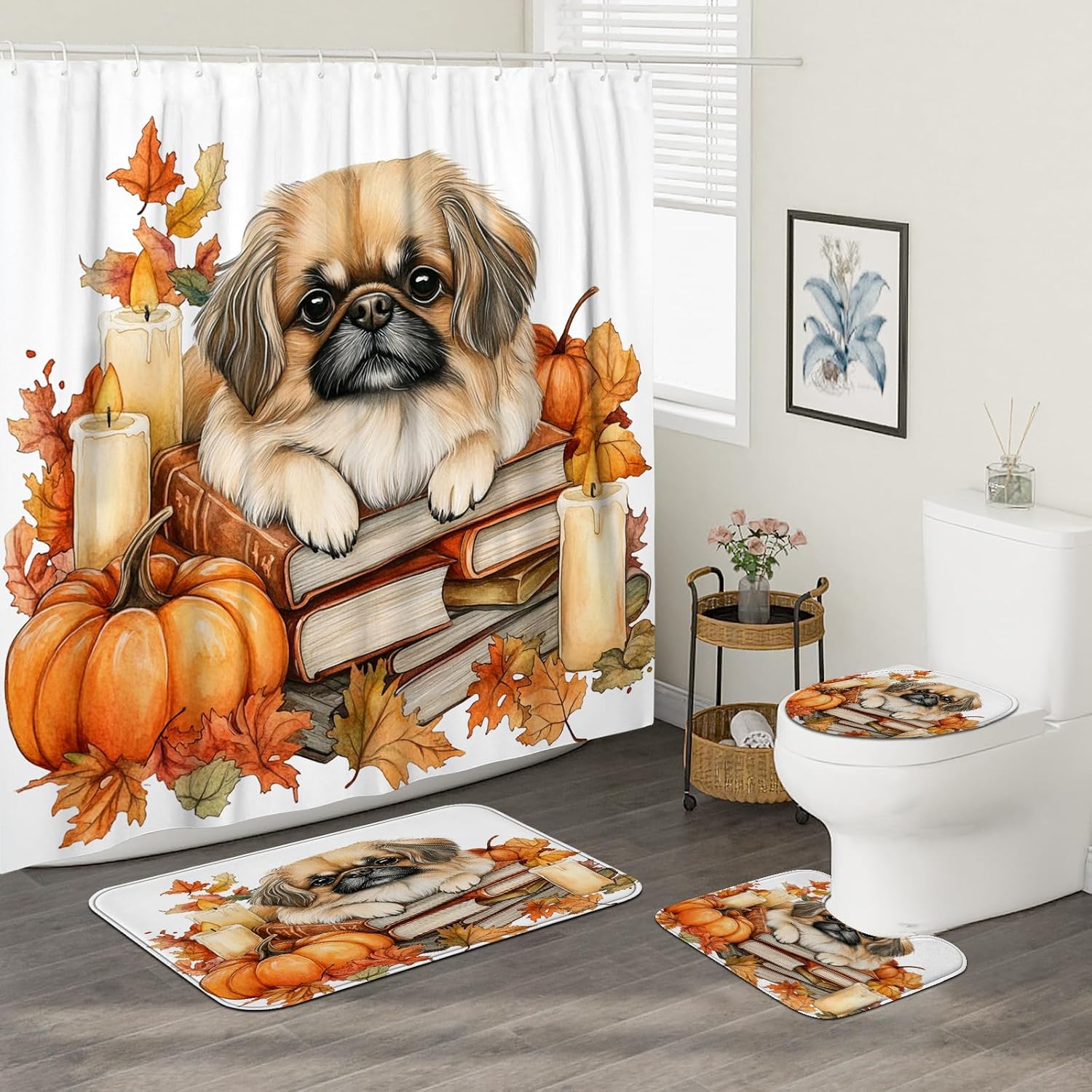 DESIHOM 4PCS Fall Pekingese Dog Shower Curtain Set with Non-Slip Rug and Toilet Lid Cover Mat