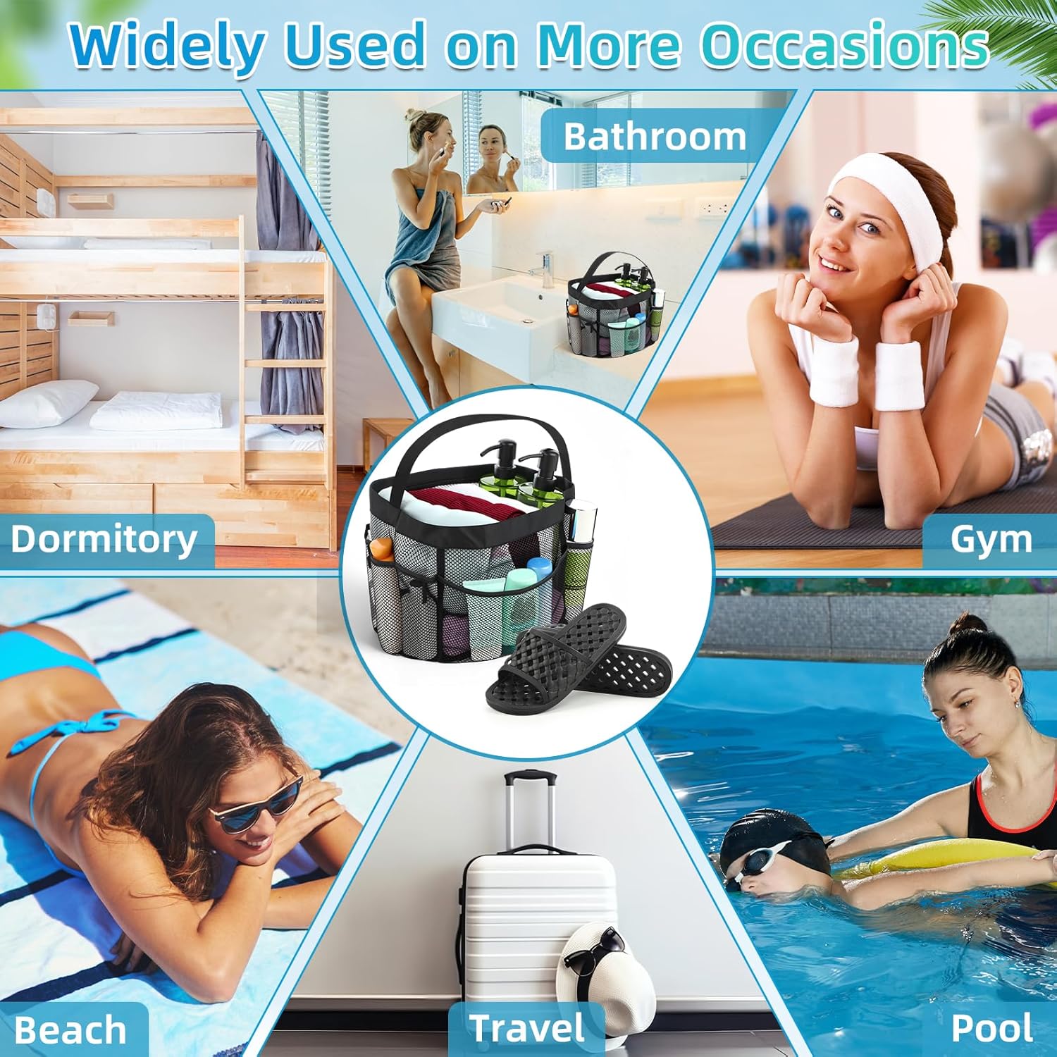 2 Pcs Mesh Shower Caddy and Non-Slip Slippers for Dorm Beach Pool Gym