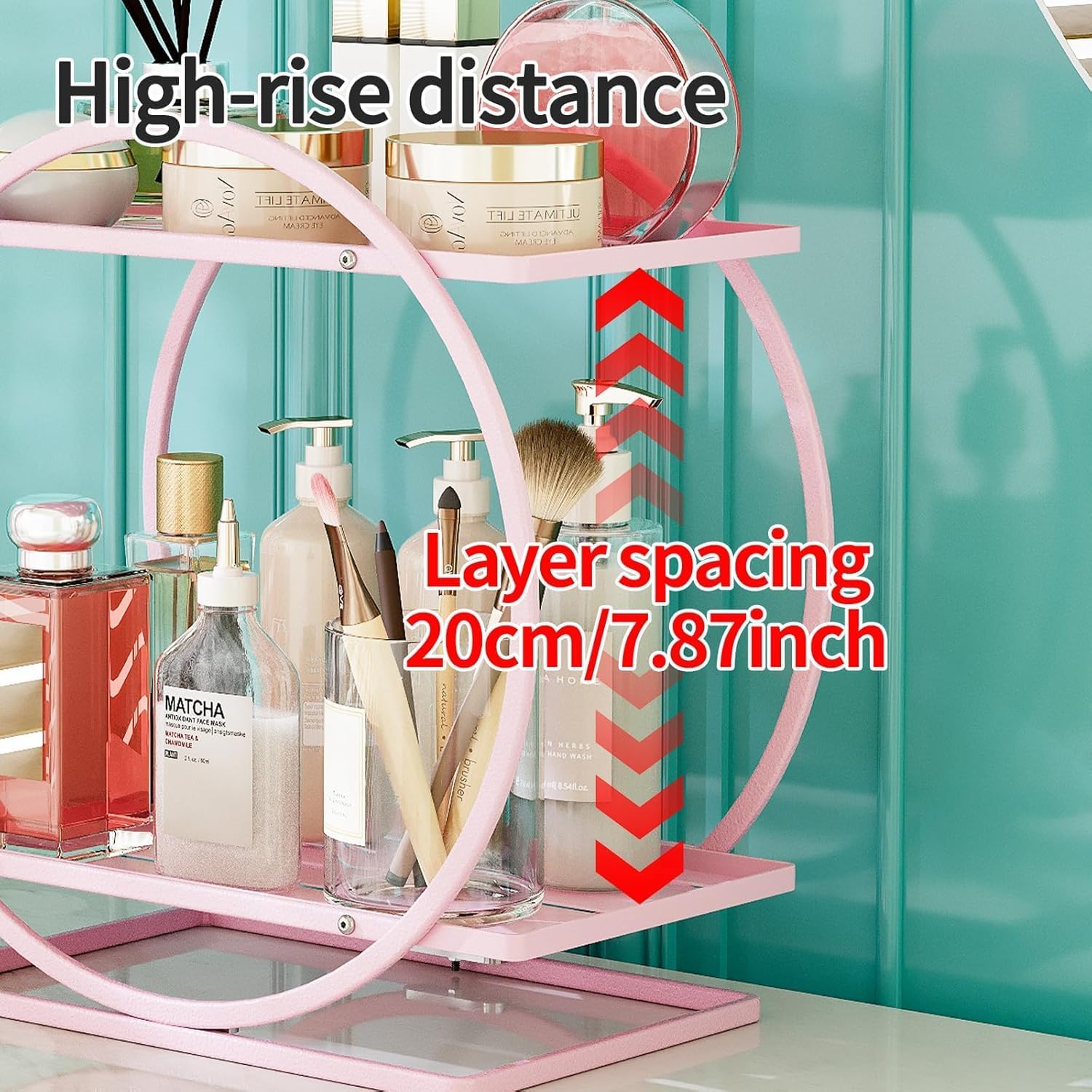 Pink Perfume Organizer for Vanity 2-Tier Bathroom Storage Shelf Large Capacity Metal Skincare Display Stand