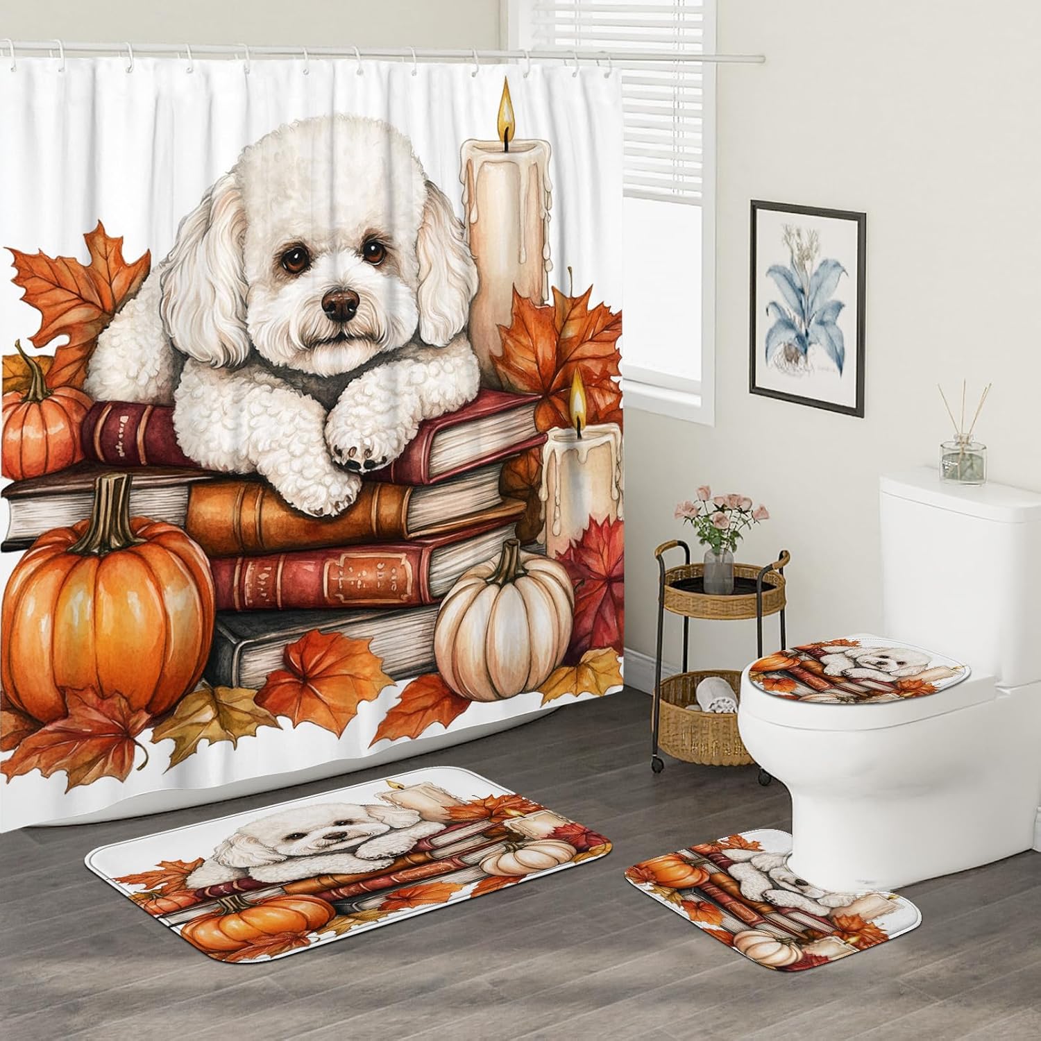 DESIHOM 4PCS Fall Bichon Frise Dog Shower Curtain Set with Non-Slip Rug and Toilet Lid Cover Mat