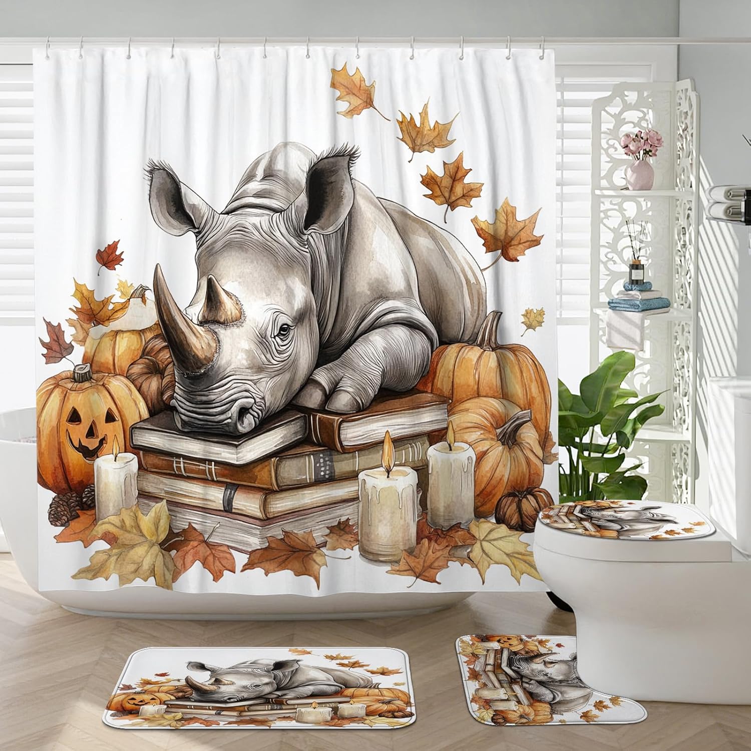 DESIHOM 4PCS Fall Rhinos Pumpkins Shower Curtain Set with Non-Slip Rug and Toilet Lid Cover Mat