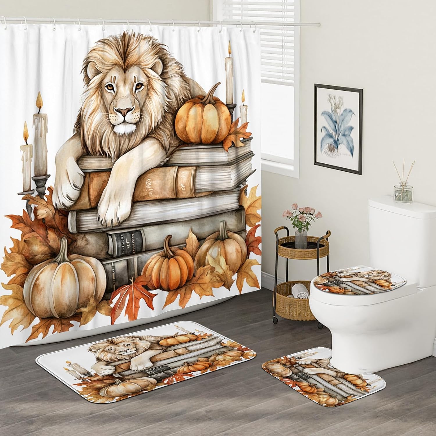 4PCS Fall Lion Pumpkins Shower Curtain Set with Non-Slip Rug and Toilet Mat