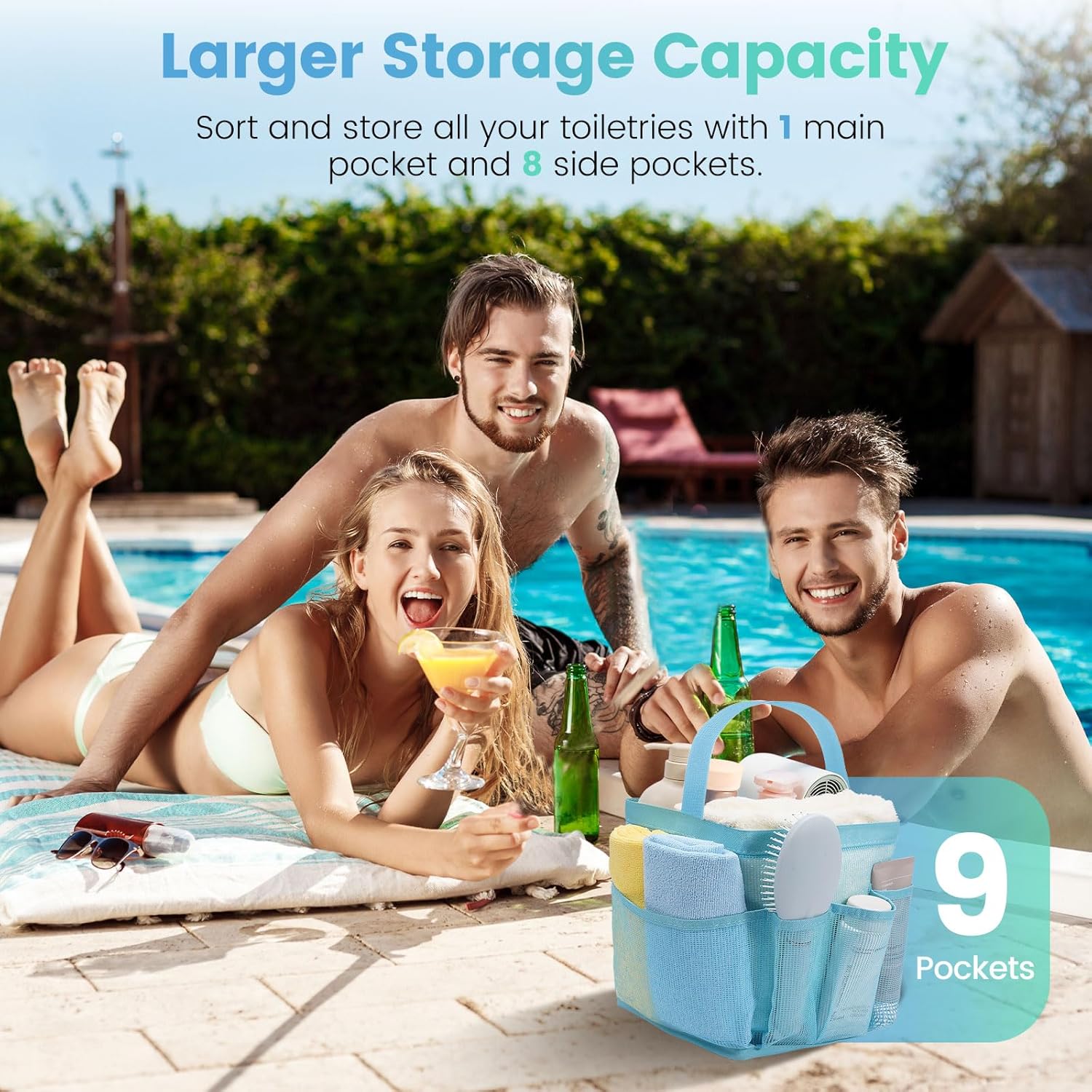 Portable Shower Caddy with 9 Pockets for Dorm Room and Travel Blue