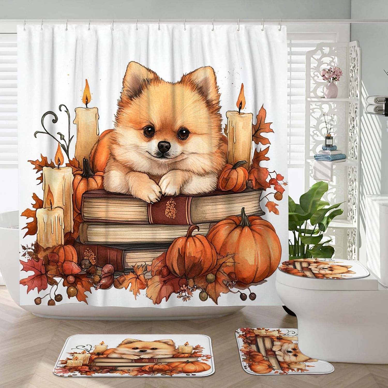 DESIHOM 4PCS Fall Shower Curtain Set with Hooks Non-Slip Rug and Toilet Lid Cover Mat