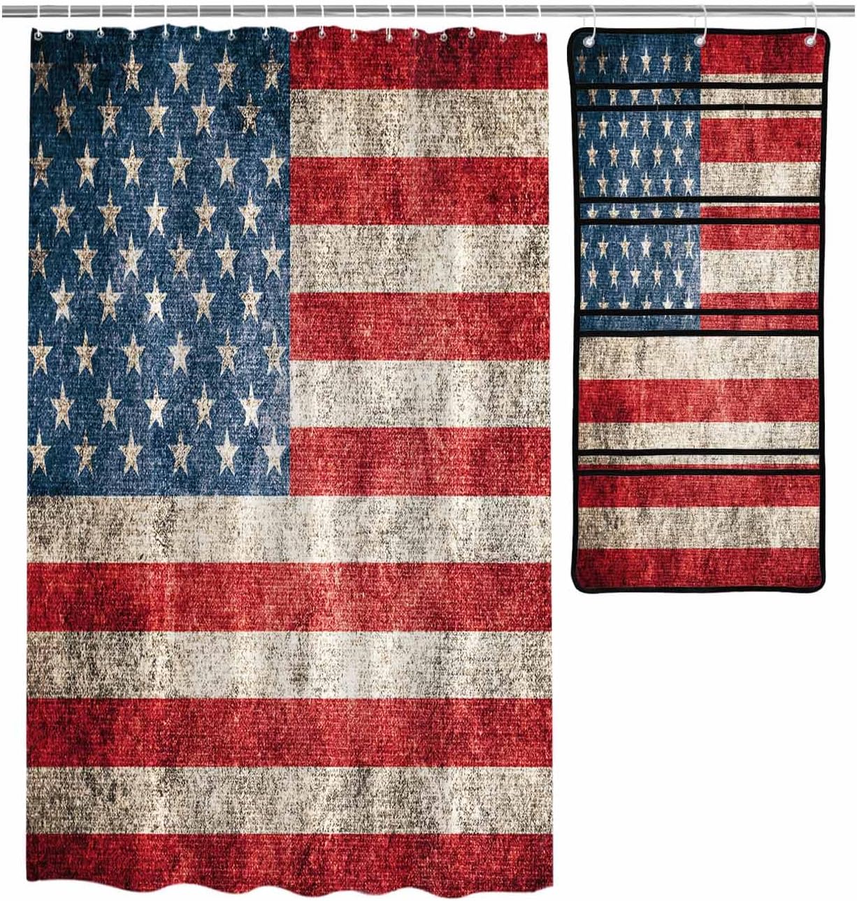 ZFUNCING Vintage Flag Shower Curtain Set with Mesh Organizer and Hooks