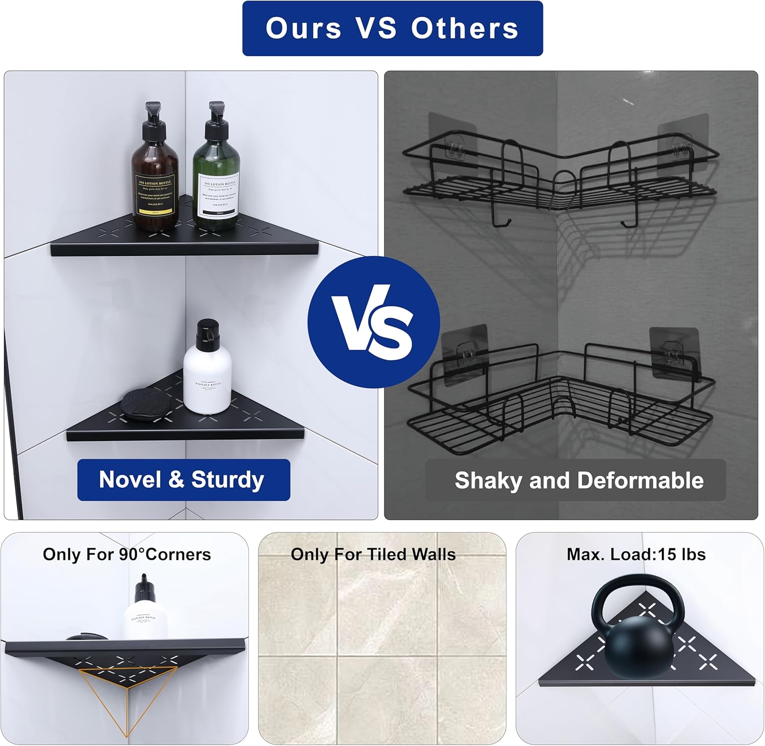 10 Inch Corner Shower Shelf 2 Pack Matte Black Stainless Steel