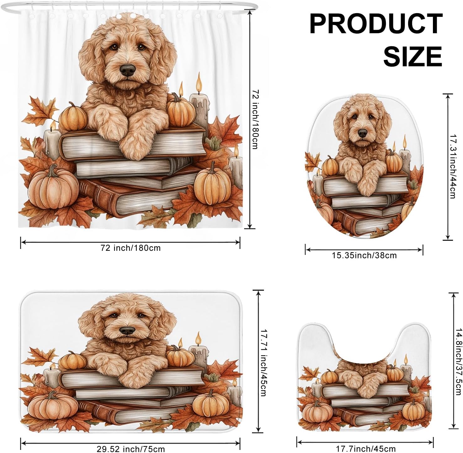 DESIHOM 4PCS Fall Golden Doodle Dog Shower Curtain Set with Non-Slip Rug and Toilet Lid Cover Mat