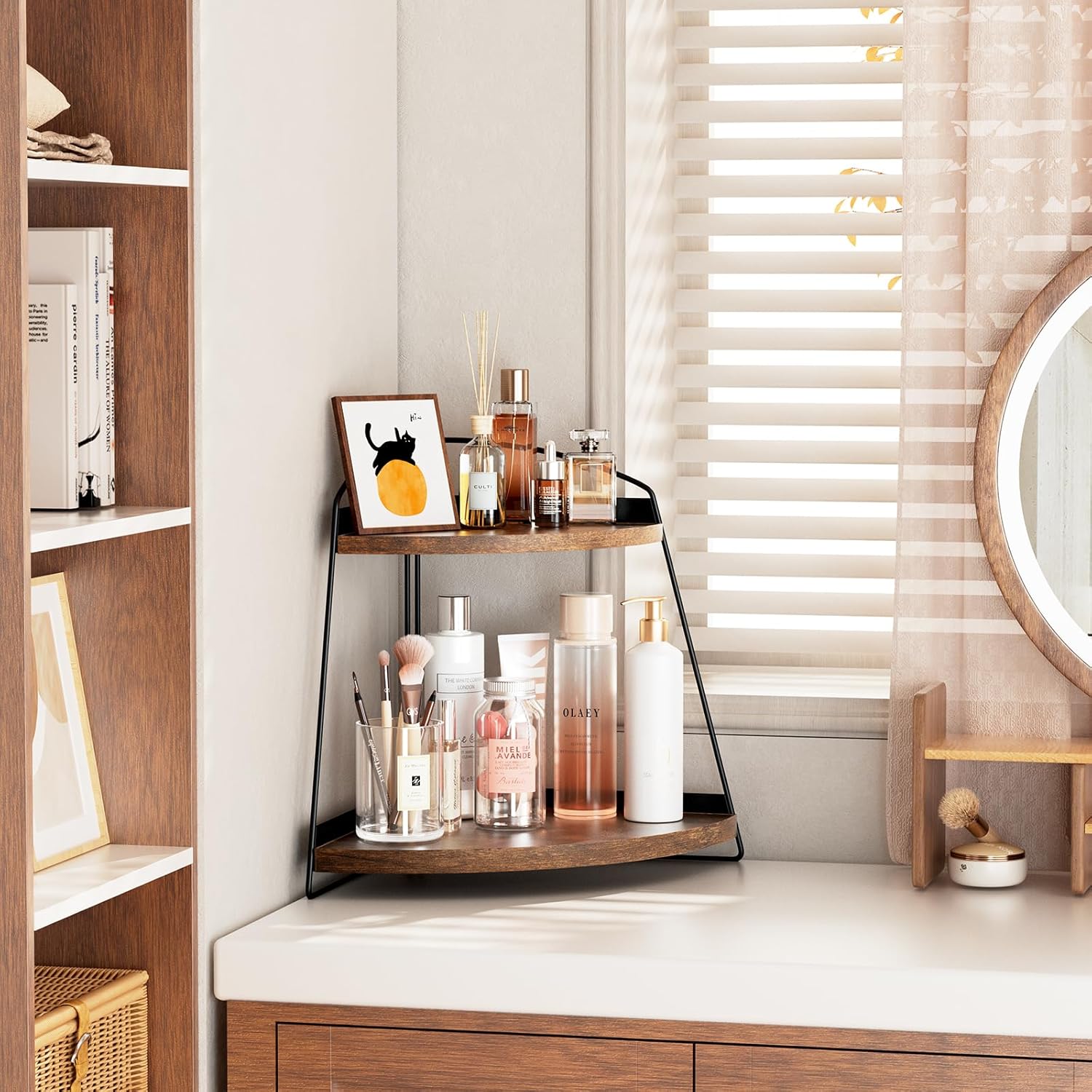 Puricon 2 Tier Corner Countertop Storage Shelf Organizer Brown Wood