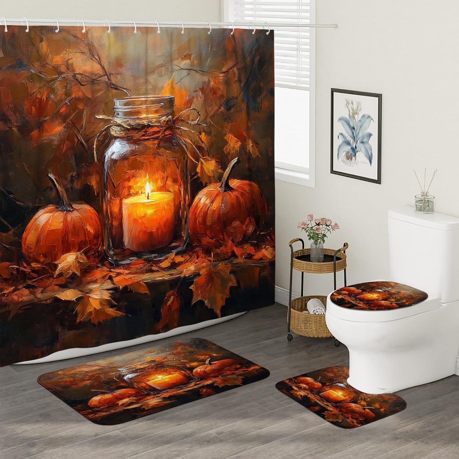 DESIHOM 4PCS Fall Mason Jar Candle Shower Curtain Set with Hooks and Bath Mat