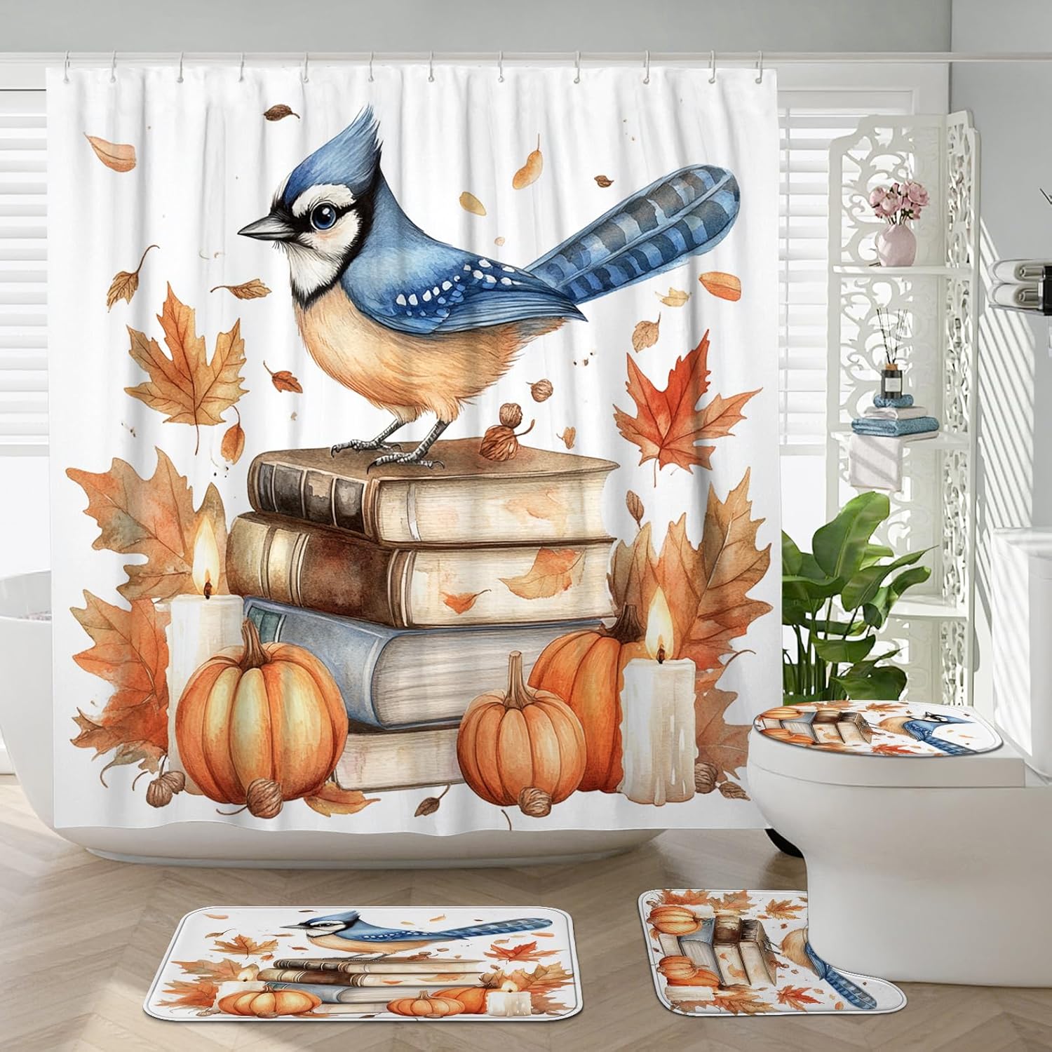 DESIHOM 4PCS Fall Blue Jay Bird Shower Curtain Set with Non-Slip Rug and Hooks