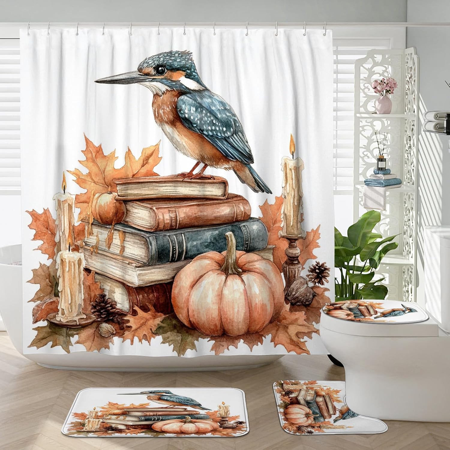 DESIHOM 4PCS Fall Kingfishers Bird Shower Curtain Set with Non-Slip Rug and 12 Hooks