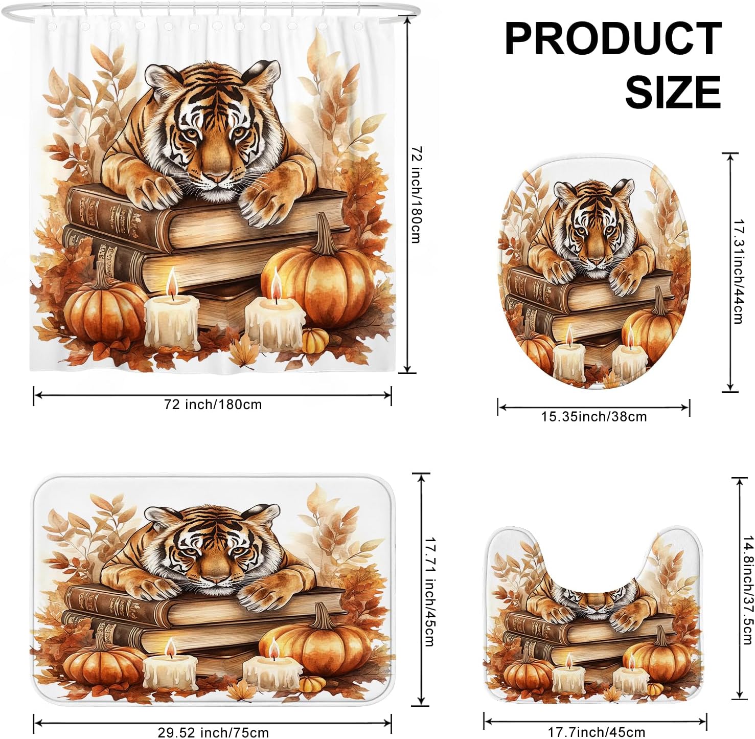 4PCS Fall Tigers Pumpkins Shower Curtain Set with Non-Slip Rug and Toilet Lid Cover Mat