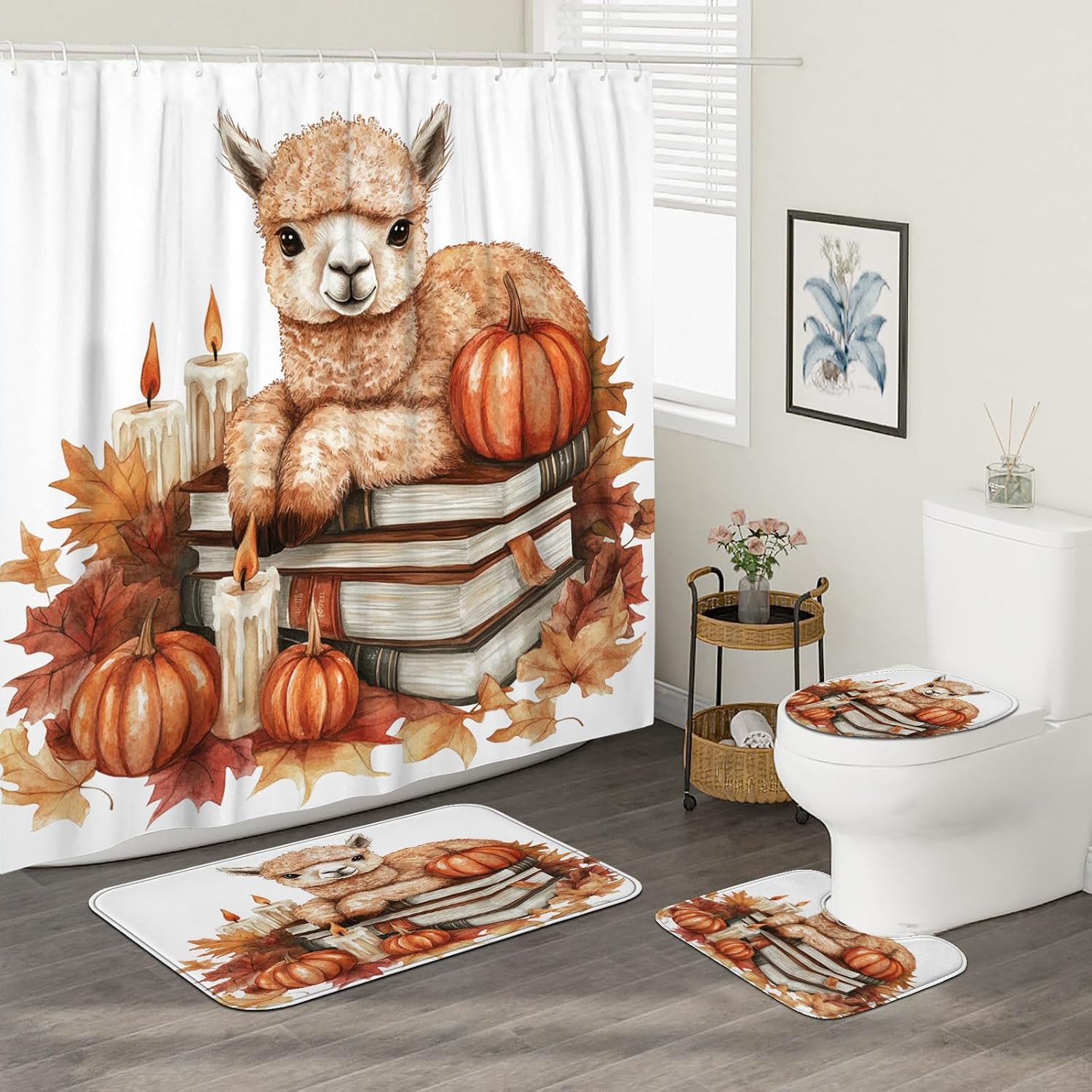 DESIHOM 4PCS Fall Alpaca Llama Shower Curtain Set with Hooks and Non-Slip Mat