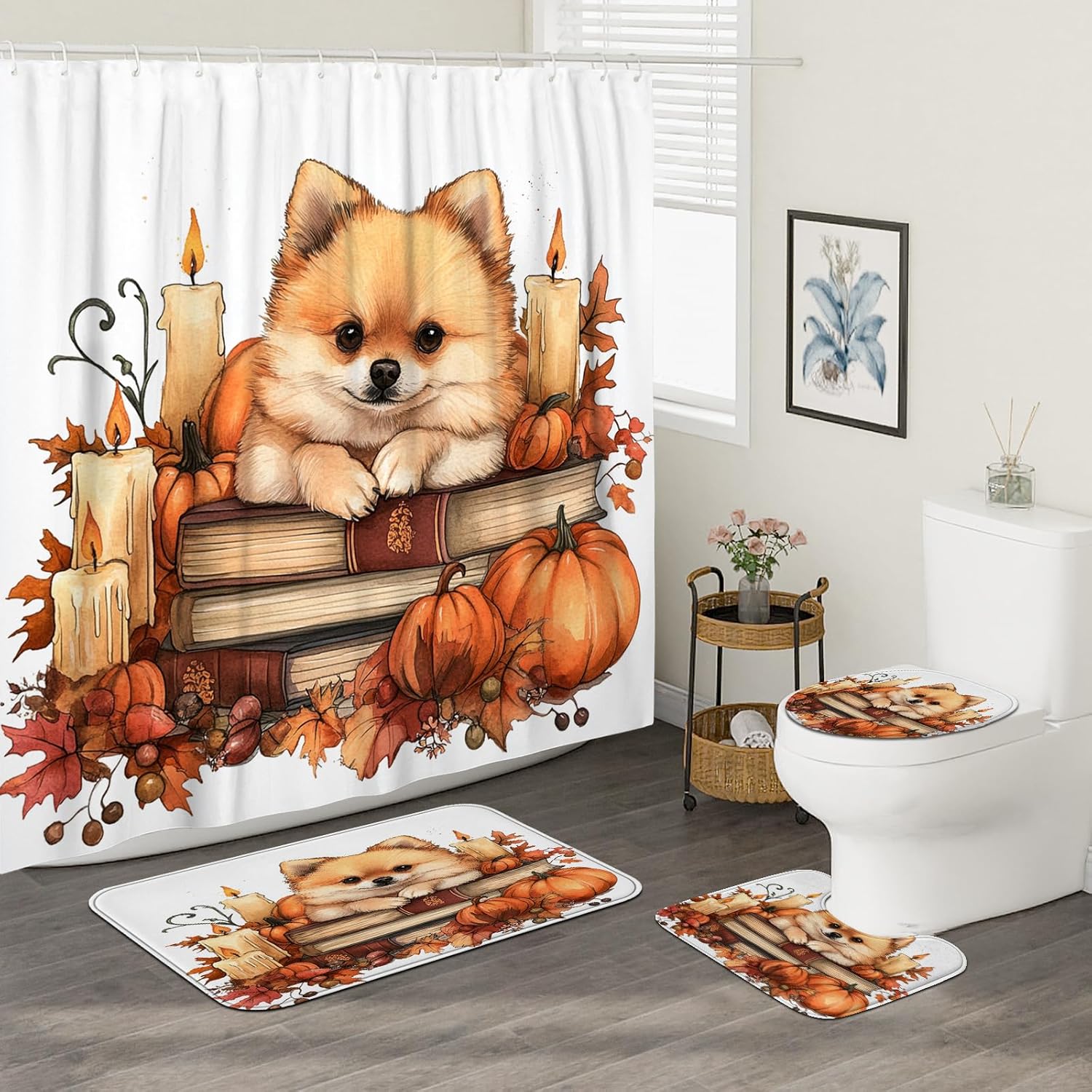 DESIHOM 4PCS Fall Shower Curtain Set with Hooks Non-Slip Rug and Toilet Lid Cover Mat