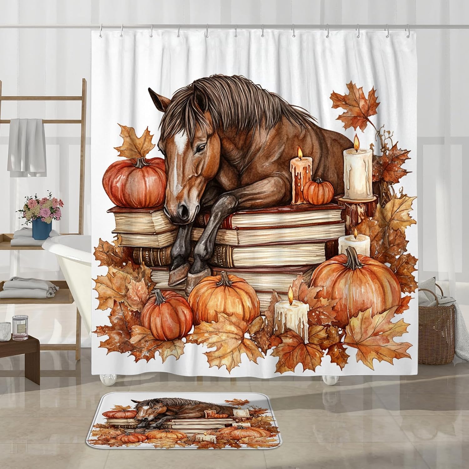 DESIHOM 4PCS Fall Horses Shower Curtain Set with Non-Slip Rug and Toilet Lid Cover Mat
