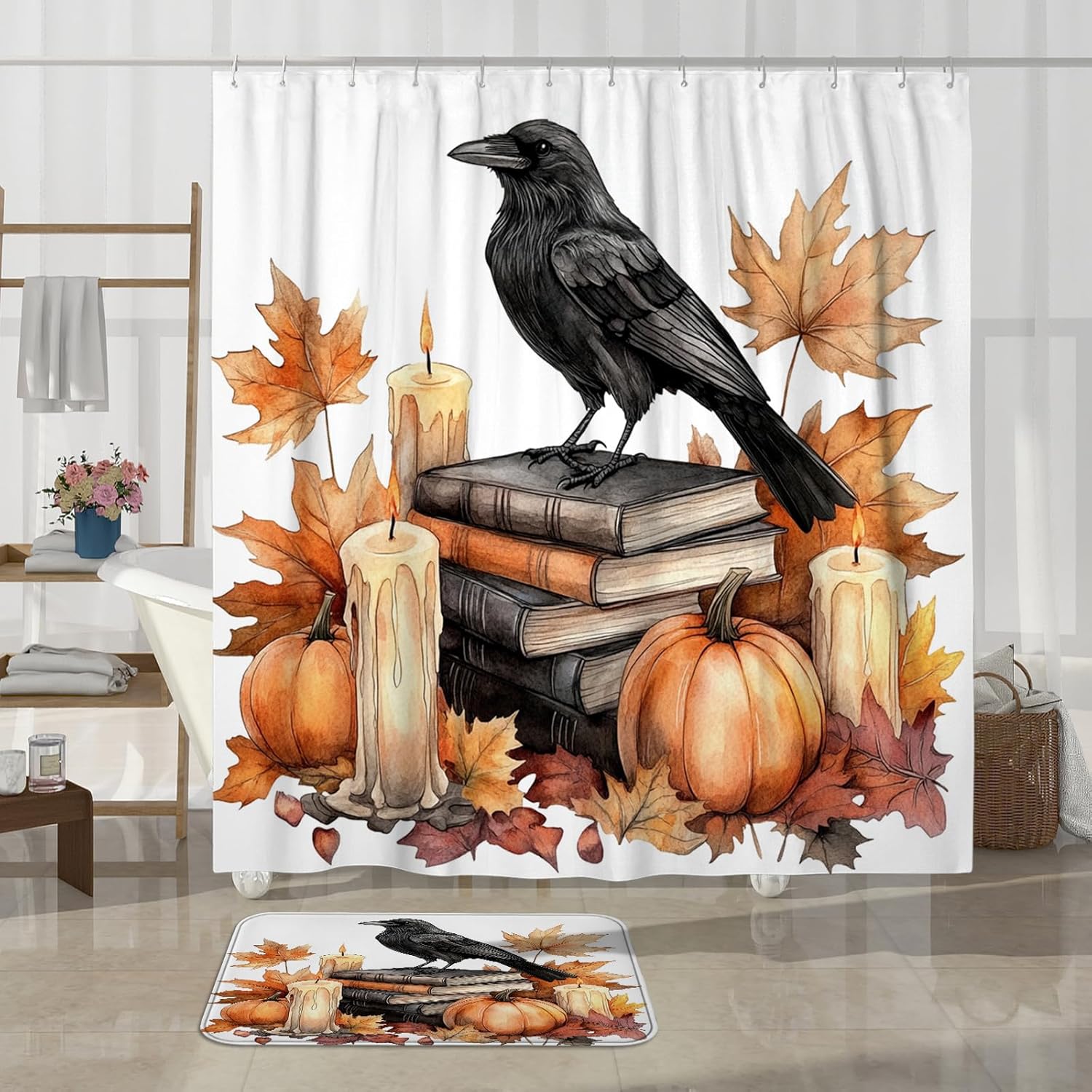DESIHOM 4PCS Fall Crow Ravens Bird Shower Curtain Set 72x72 with Hooks and Bath Mat Accessories