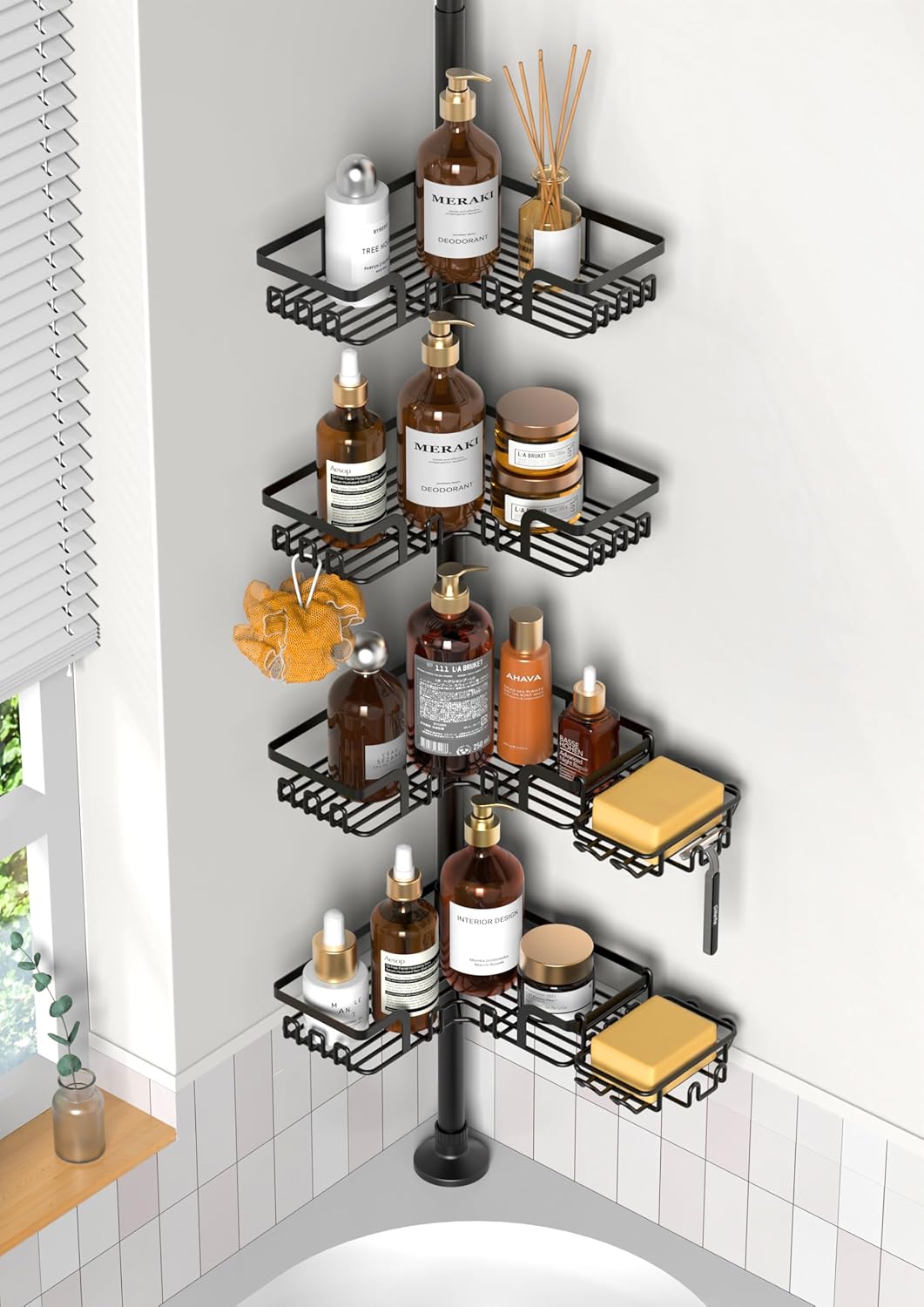 ZUNTO Shower Caddy Corner Tension Pole Organizer Adjustable 25in-114in 4 Tier Storage with 2 Soap Holders Black
