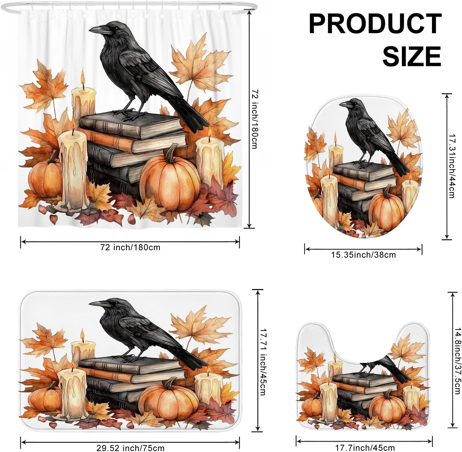 DESIHOM 4PCS Fall Crow Ravens Bird Shower Curtain Set 72x72 with Hooks and Bath Mat Accessories