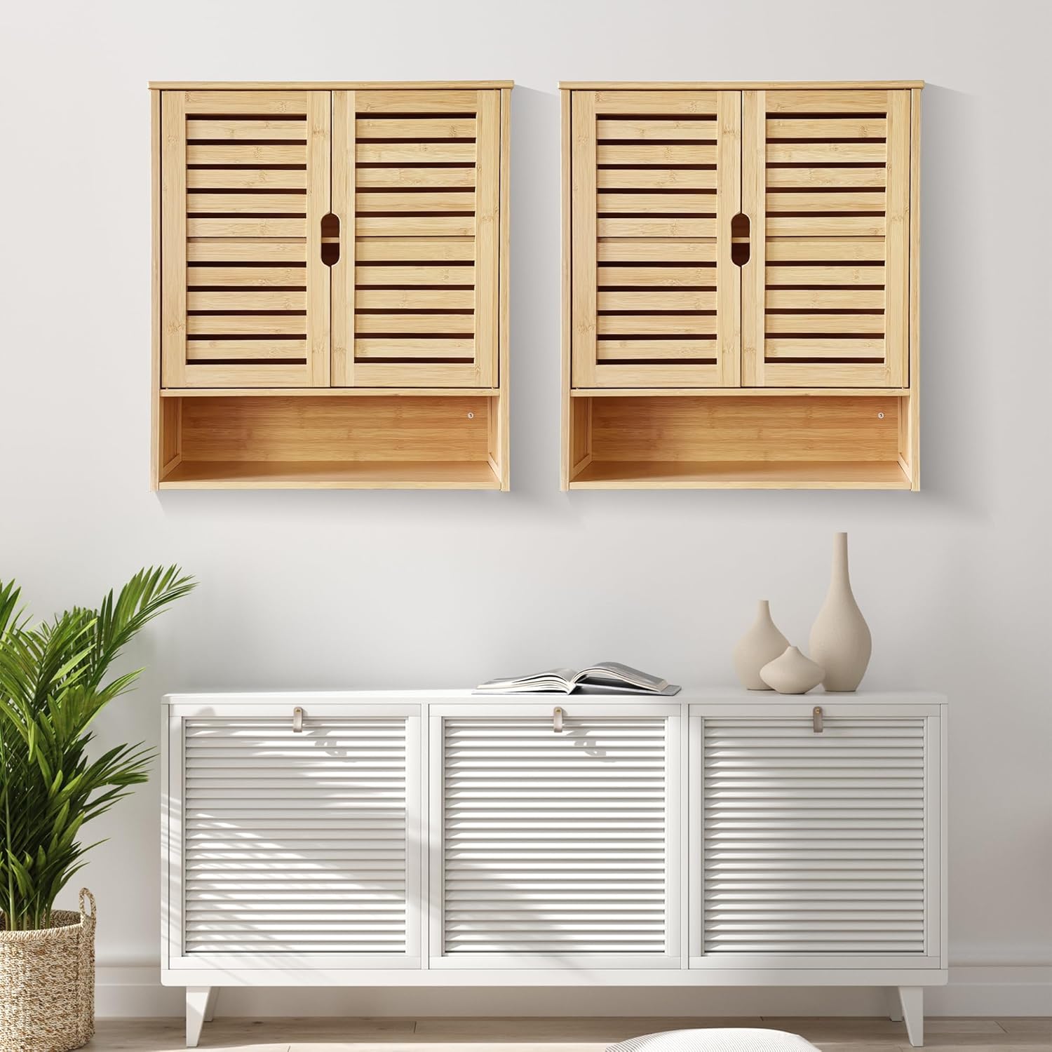 HYNAWIN 2-Tier Bamboo Medicine Cabinet with Adjustable Shelves for Bathroom Kitchen and Living Room