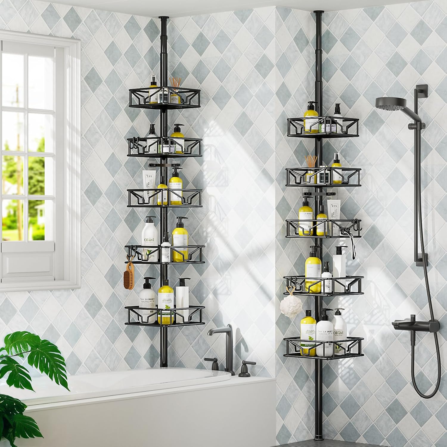 Skycarper 5 Tier Adjustable Corner Shower Caddy Organizer with Hooks Black