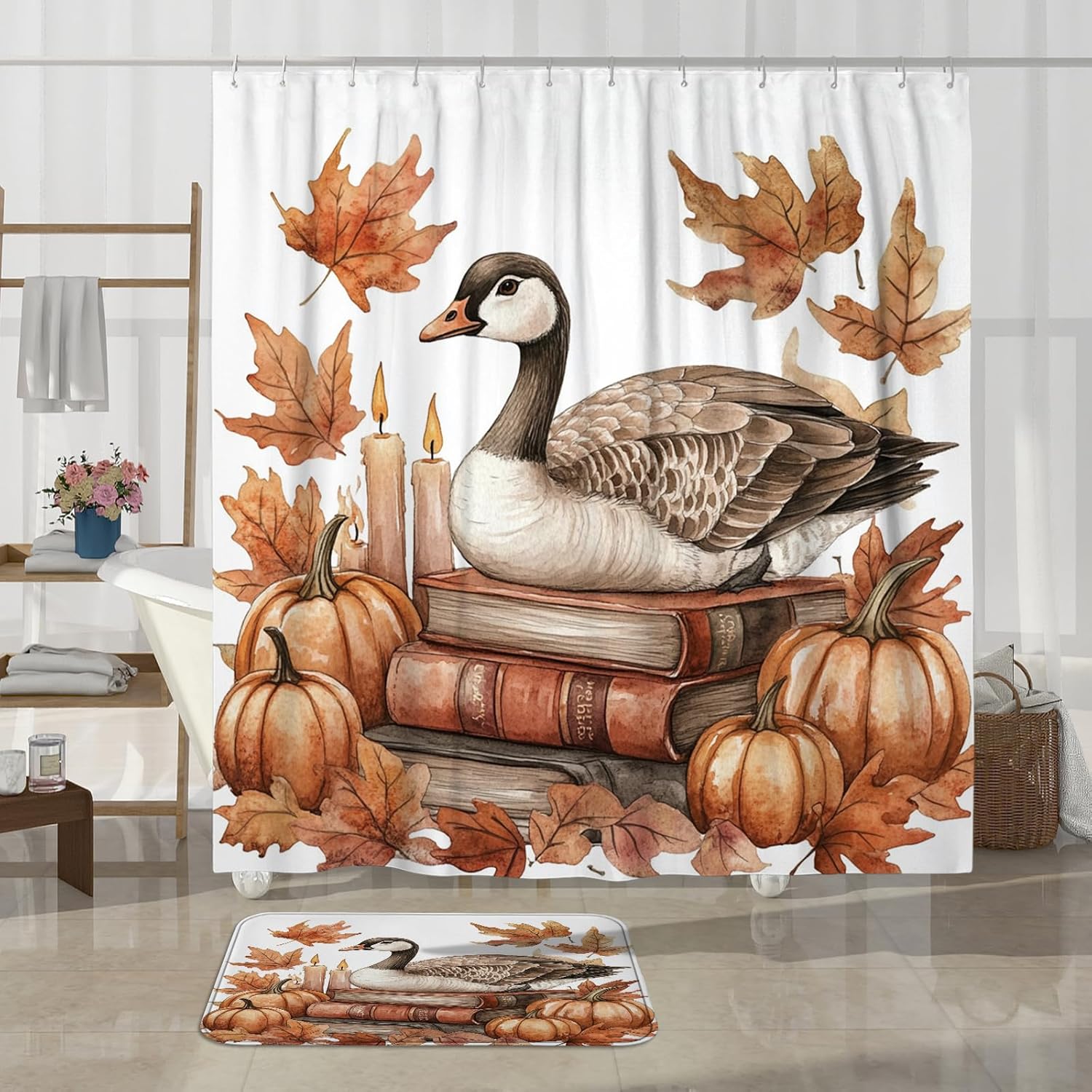 DESIHOM 4PCS Fall Goose Shower Curtain Set with Non-Slip Rug and Toilet Lid Cover Mat
