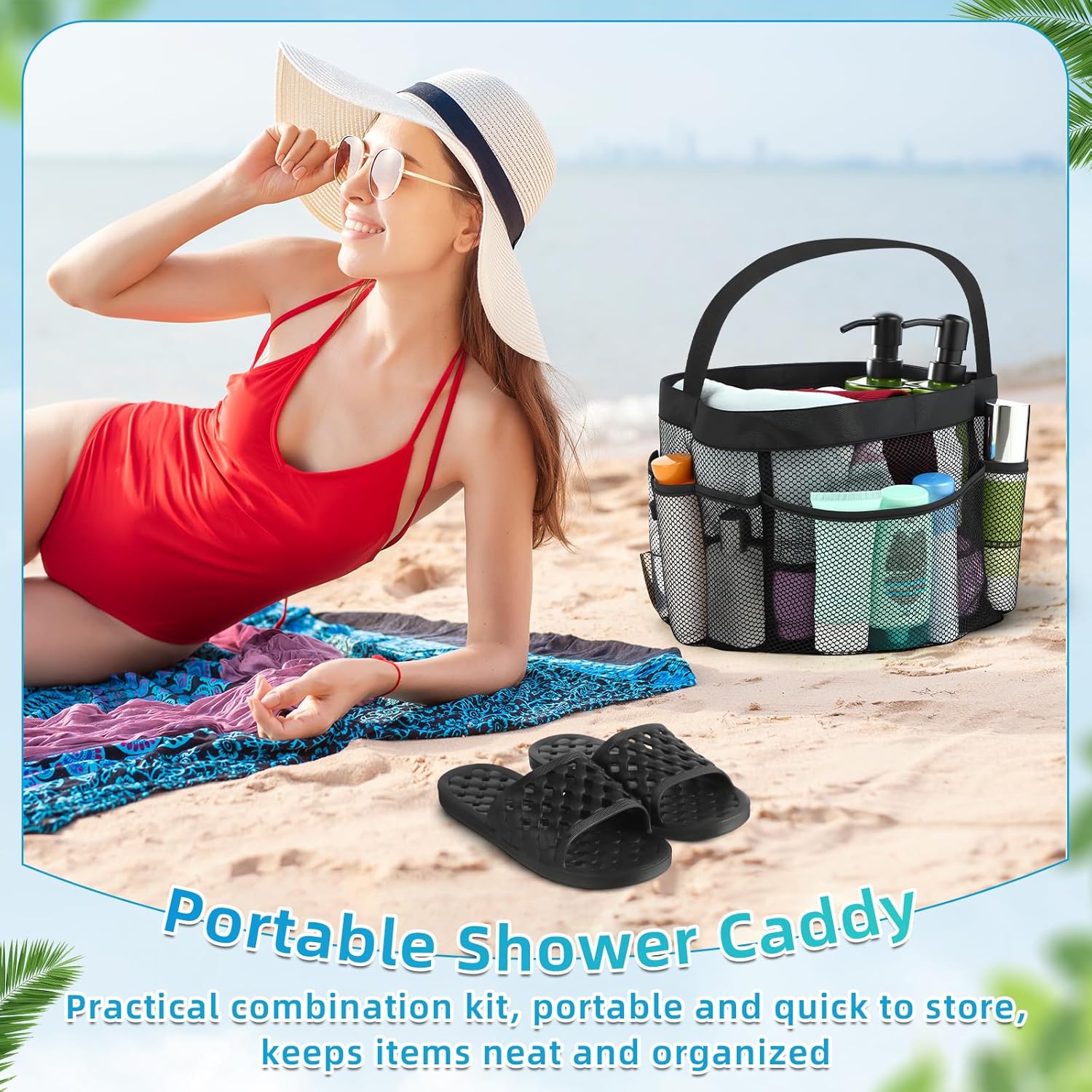 2 Pcs Mesh Shower Caddy and Non-Slip Slippers for Dorm Beach Pool Gym