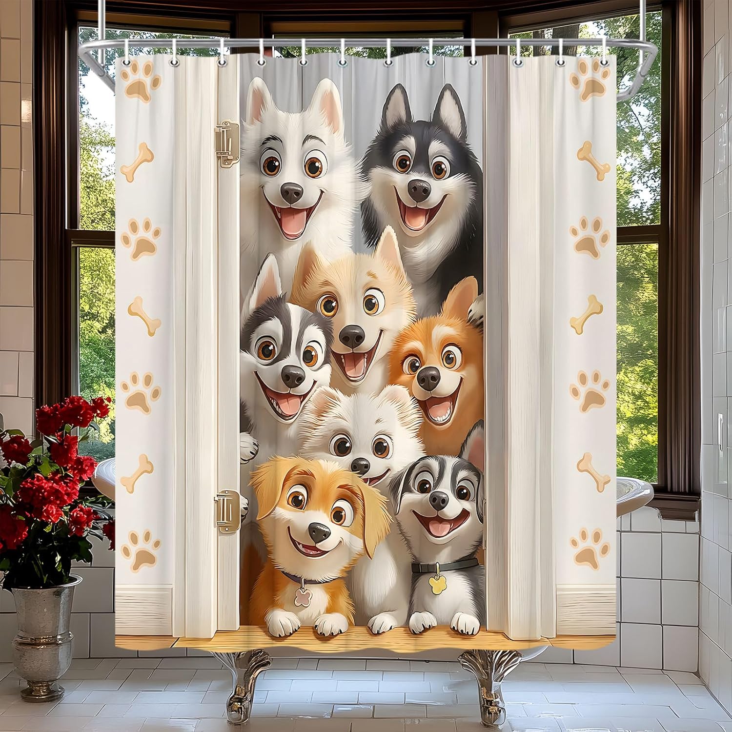 Funny Dogs Shower Curtain Cute Cartoon Animal Paws Print Bone Watercolor Farmhouse Decor