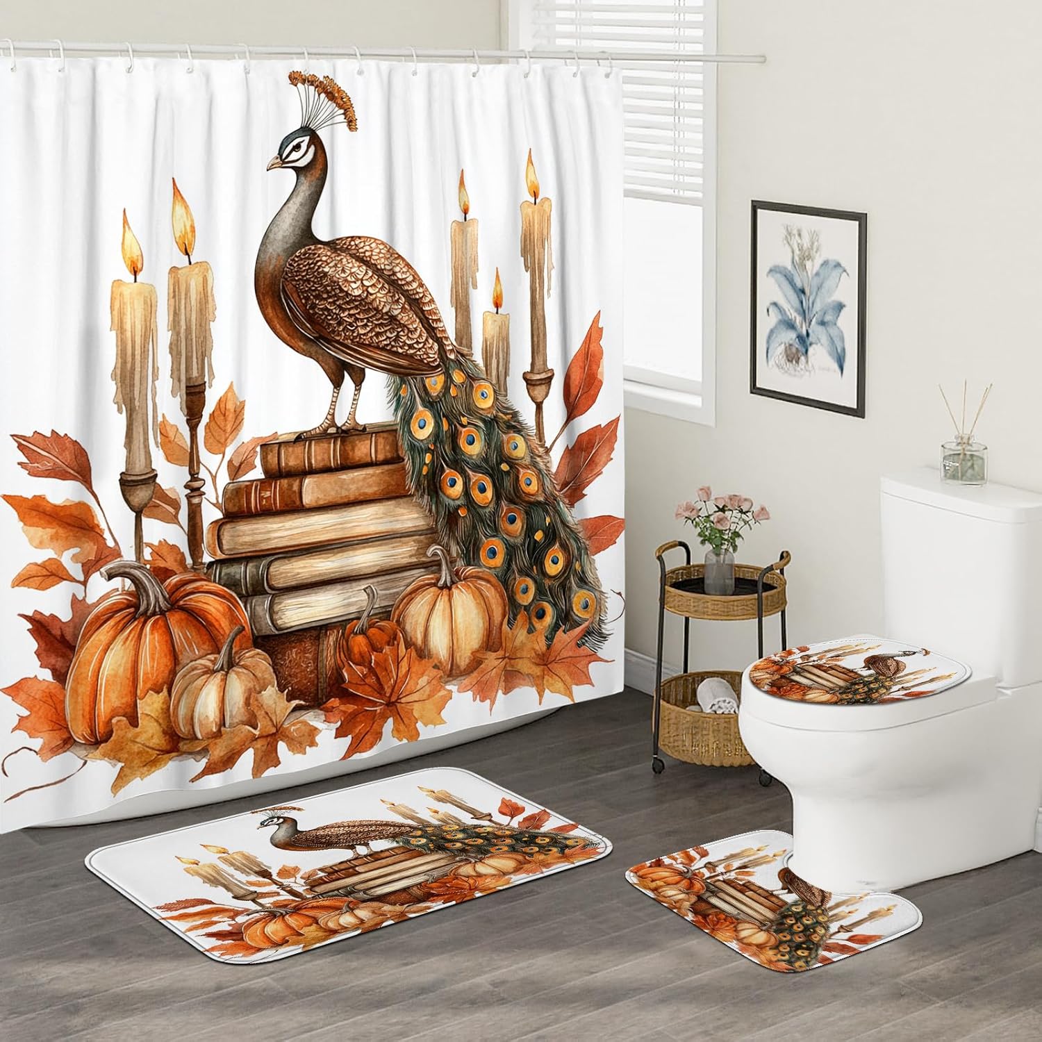 DESIHOM 4PCS Fall Peacock Shower Curtain Set with Hooks Non-Slip Rug and Toilet Lid Cover Mat