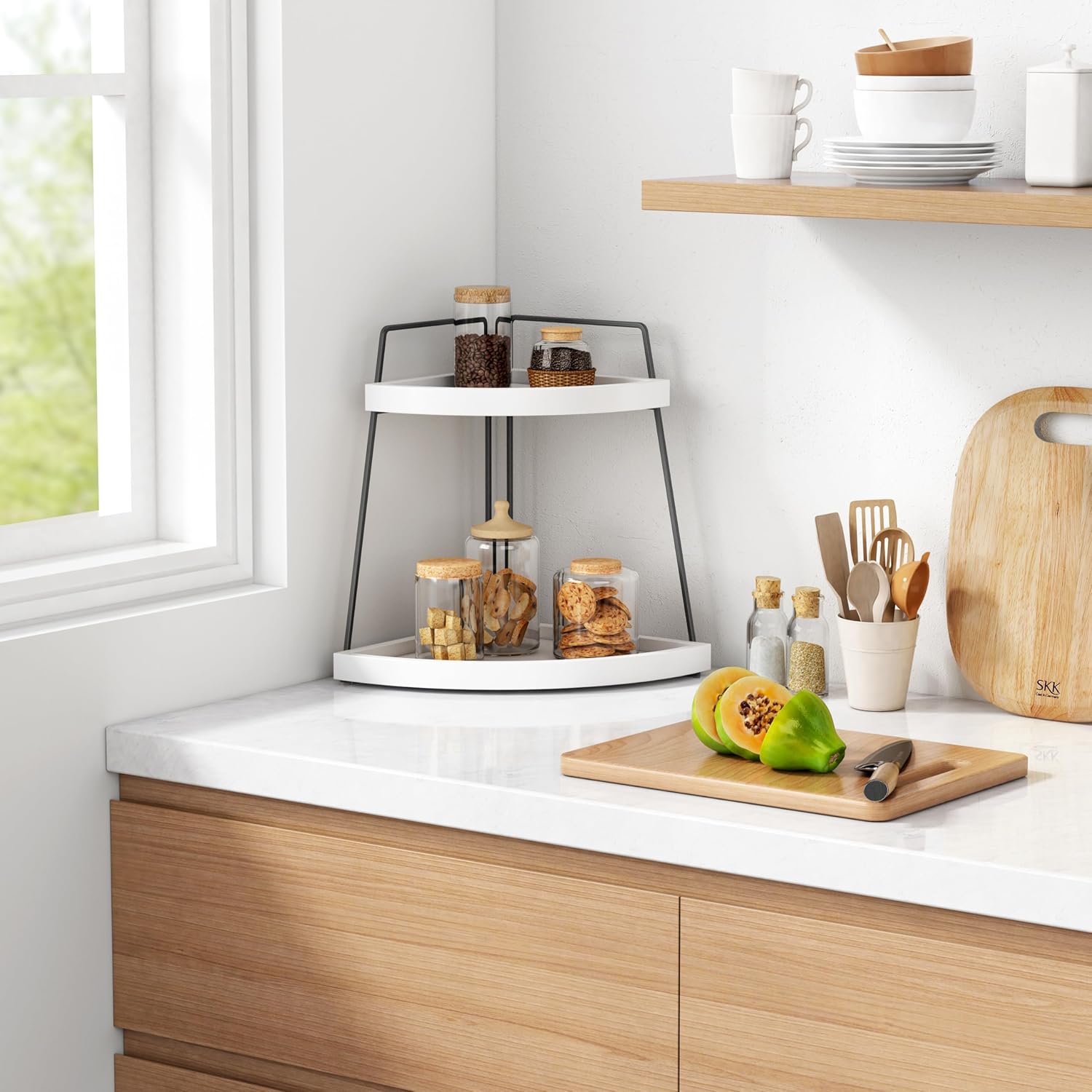 Forbena 2 Tier Corner Bathroom Organizer Shelf Stand - White and Grey